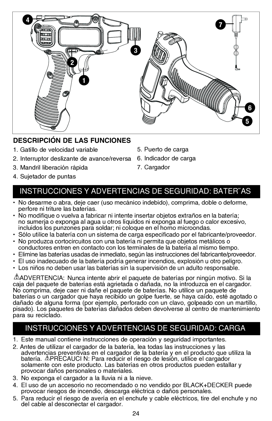 Black & Decker BDCS80I Instrucciones y advertencias de seguridad Baterías, Instrucciones y advertencias de seguridad carga 