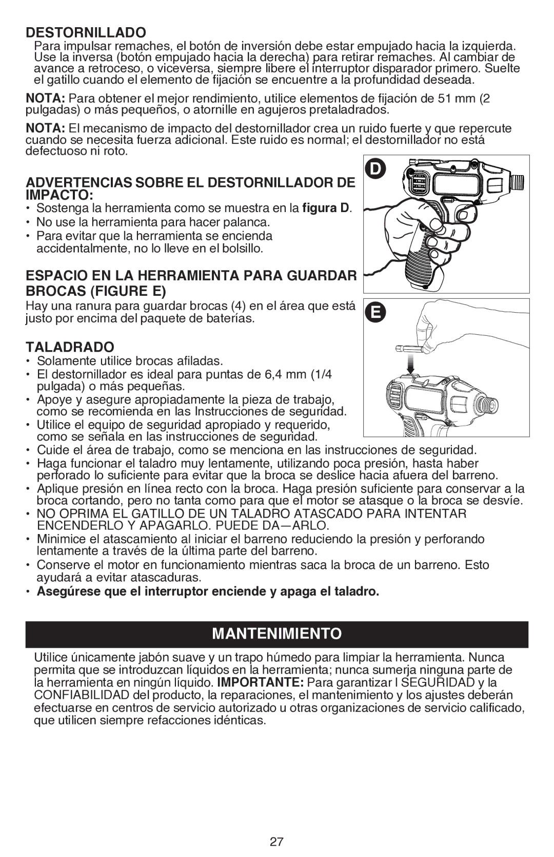 Black & Decker BDCS80I instruction manual Destornillado, Advertencias sobre el destornillador de impacto, Taladrado 