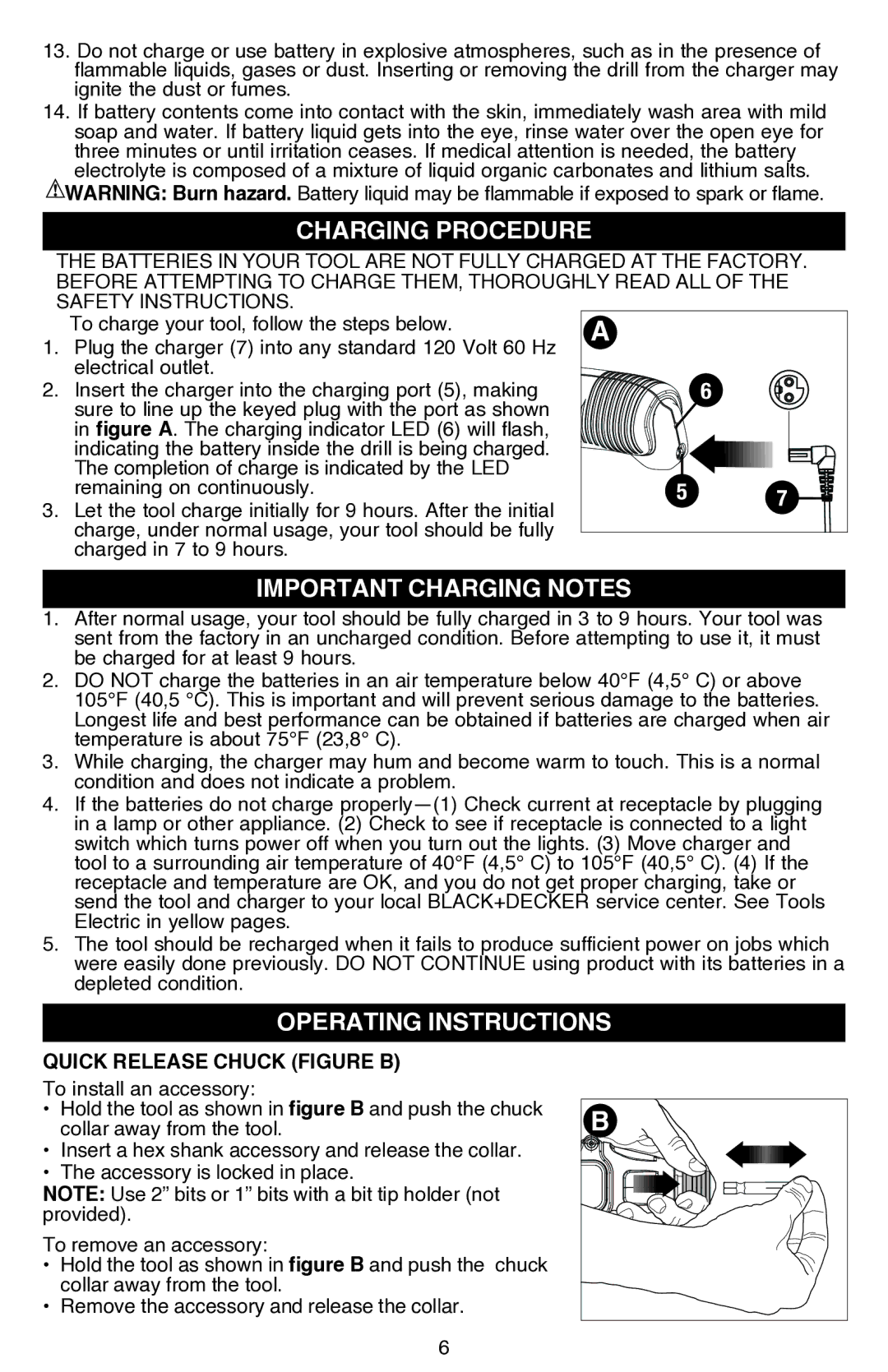 Black & Decker BDCS80I instruction manual Important charging notes, Operating instructions, Quick Release Chuck figure B 