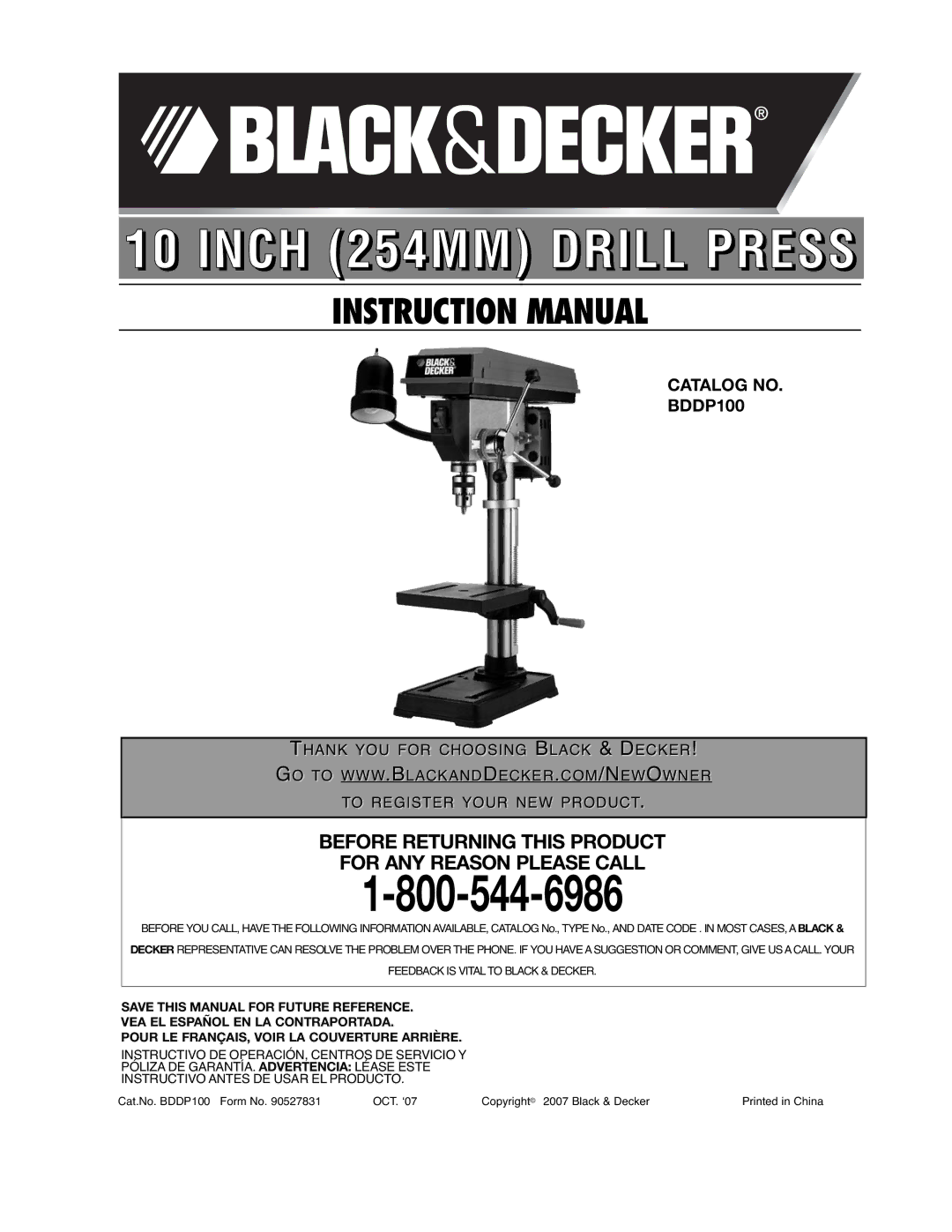 Black & Decker instruction manual Inch 254MM Drill Press, Catalog no BDDP100 