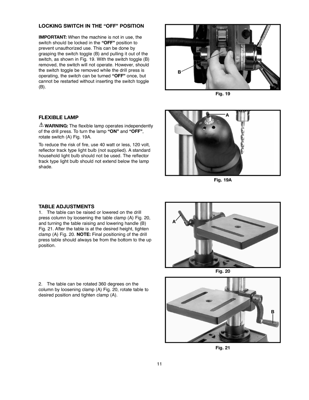 Black & Decker BDDP100 instruction manual Locking Switch in the OFF Position, Flexible Lamp, Table Adjustments 