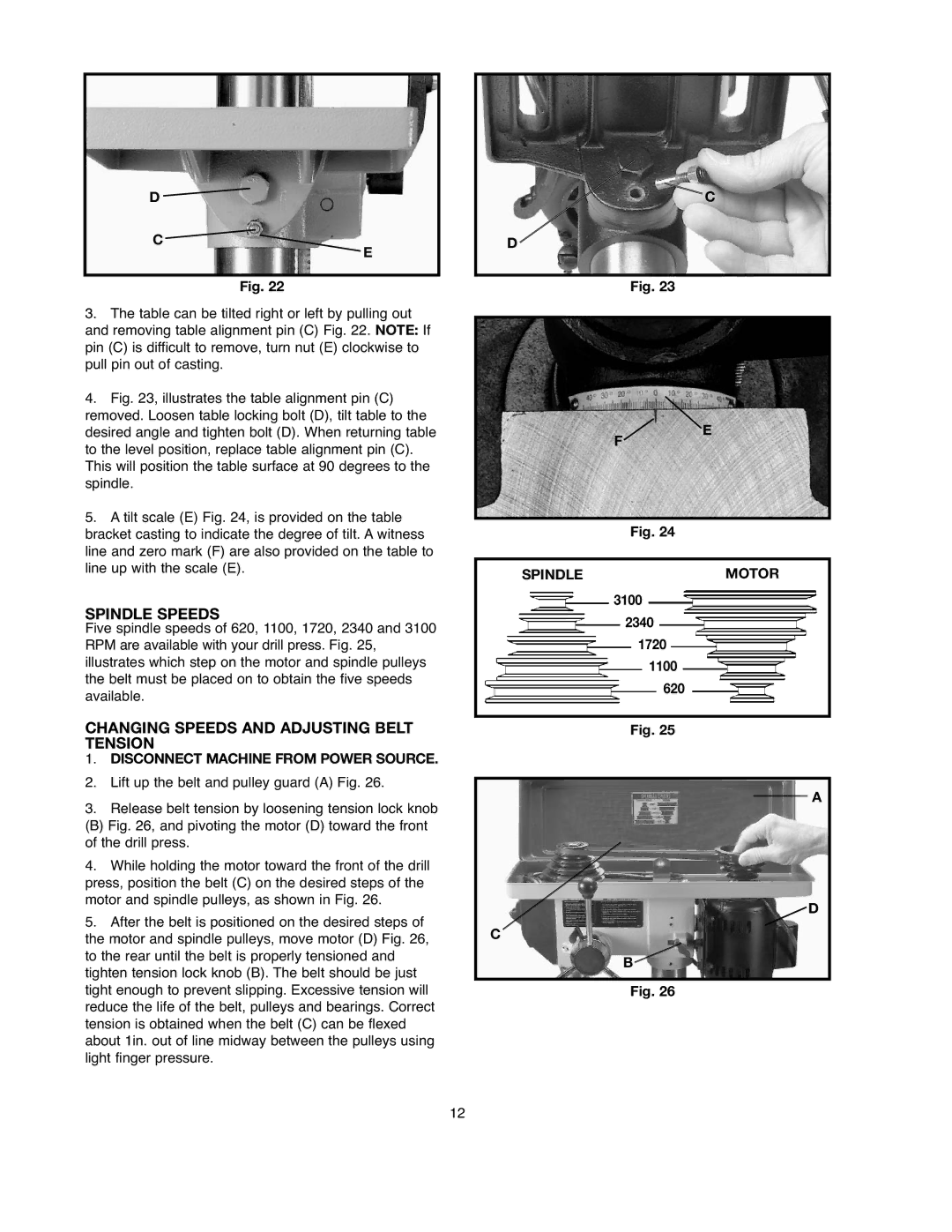 Black & Decker BDDP100 Spindle Speeds, Changing Speeds and Adjusting Belt Tension, Disconnect Machine from Power Source 