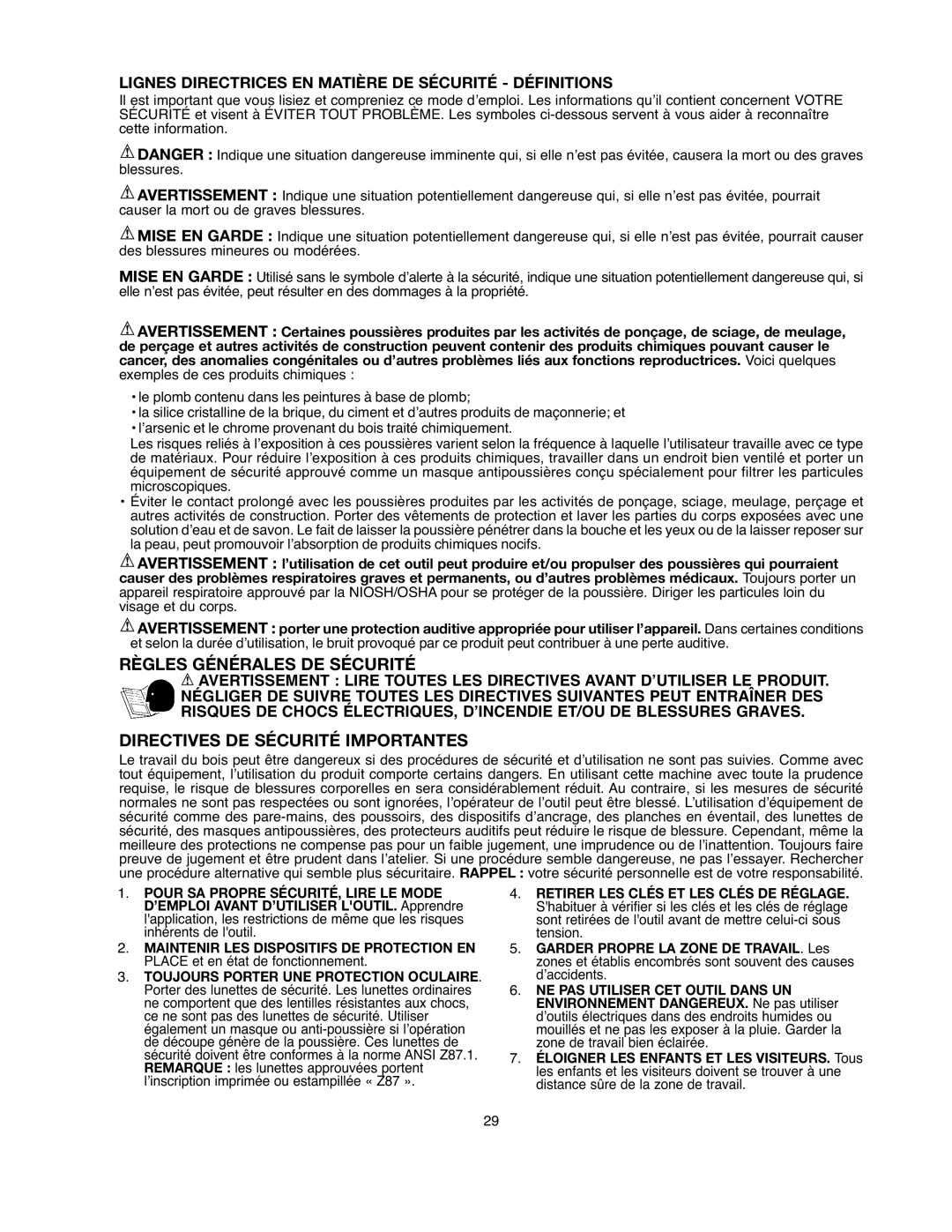 Black & Decker BDDP100 instruction manual Règles Générales DE Sécurité, Directives DE Sécurité Importantes 