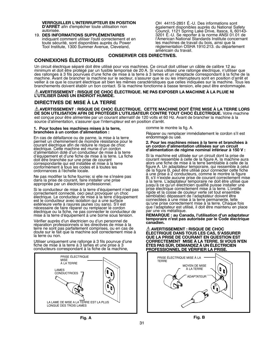 Black & Decker BDDP100 Connexions Électriques, Directives DE Mise À LA Terre, Verrouiller Linterrupteur EN Position 