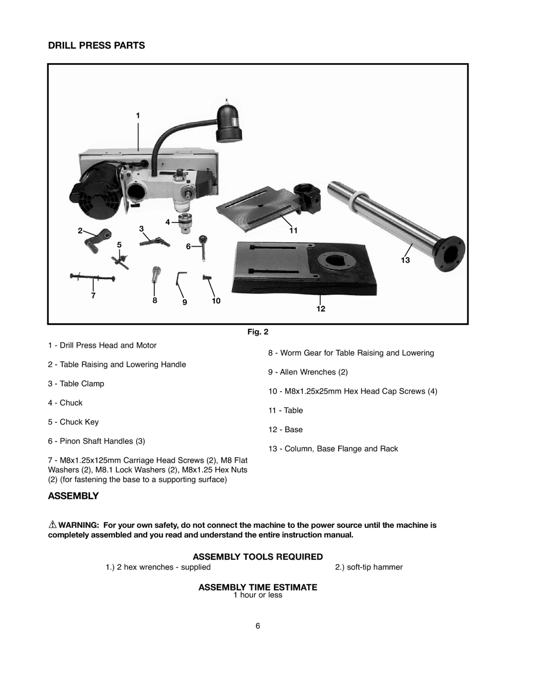 Black & Decker BDDP100 instruction manual Drill Press Parts, Assembly Tools Required, Assembly Time Estimate 