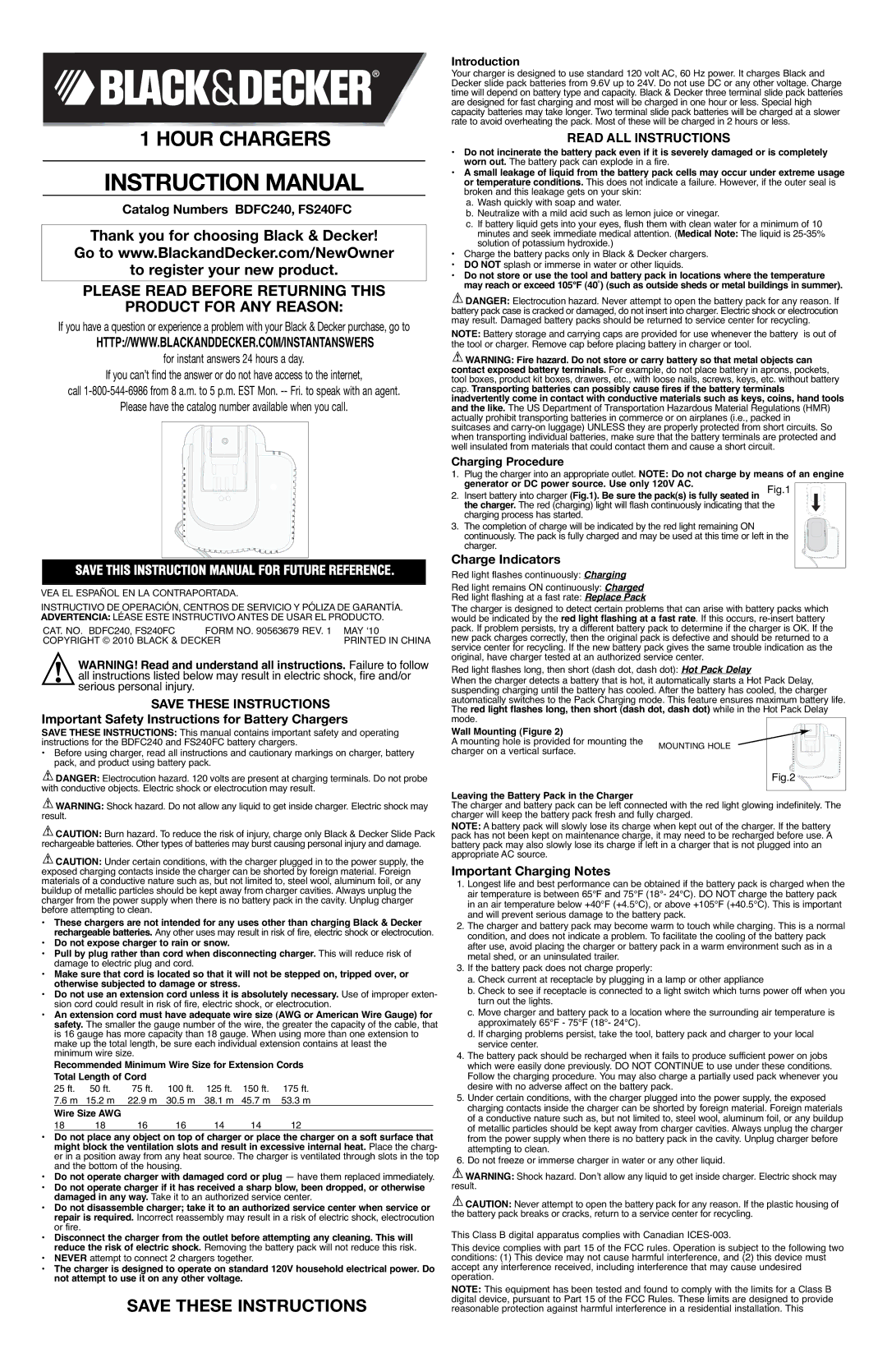 Black & Decker instruction manual Catalog Numbers BDFC240, FS240FC, Important Safety Instructions for Battery Chargers 