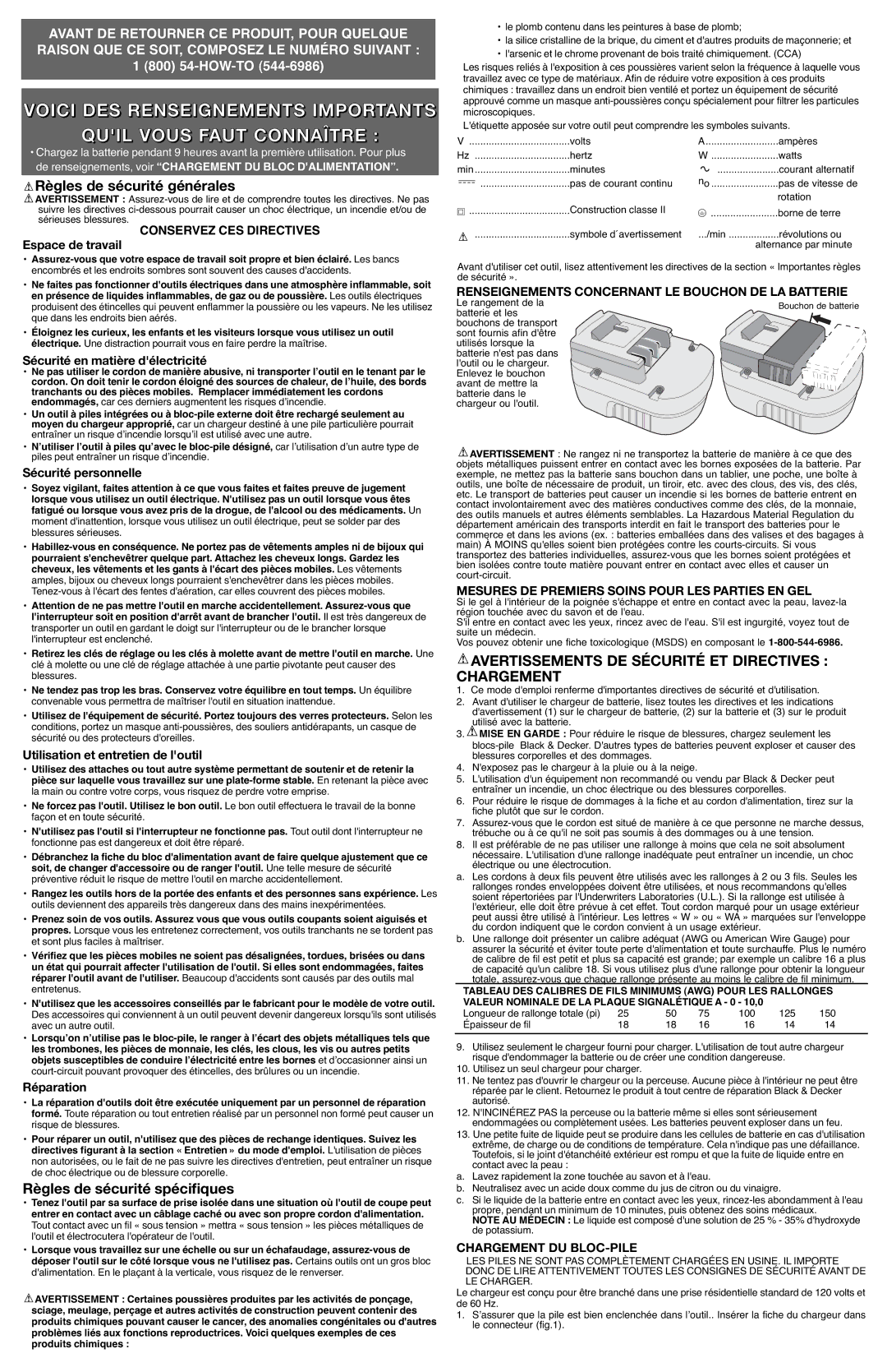 Black & Decker 5145557-04, BDG1200K Règles de sécurité générales, Règles de sécurité spécifiques, Chargement DU BLOC-PILE 