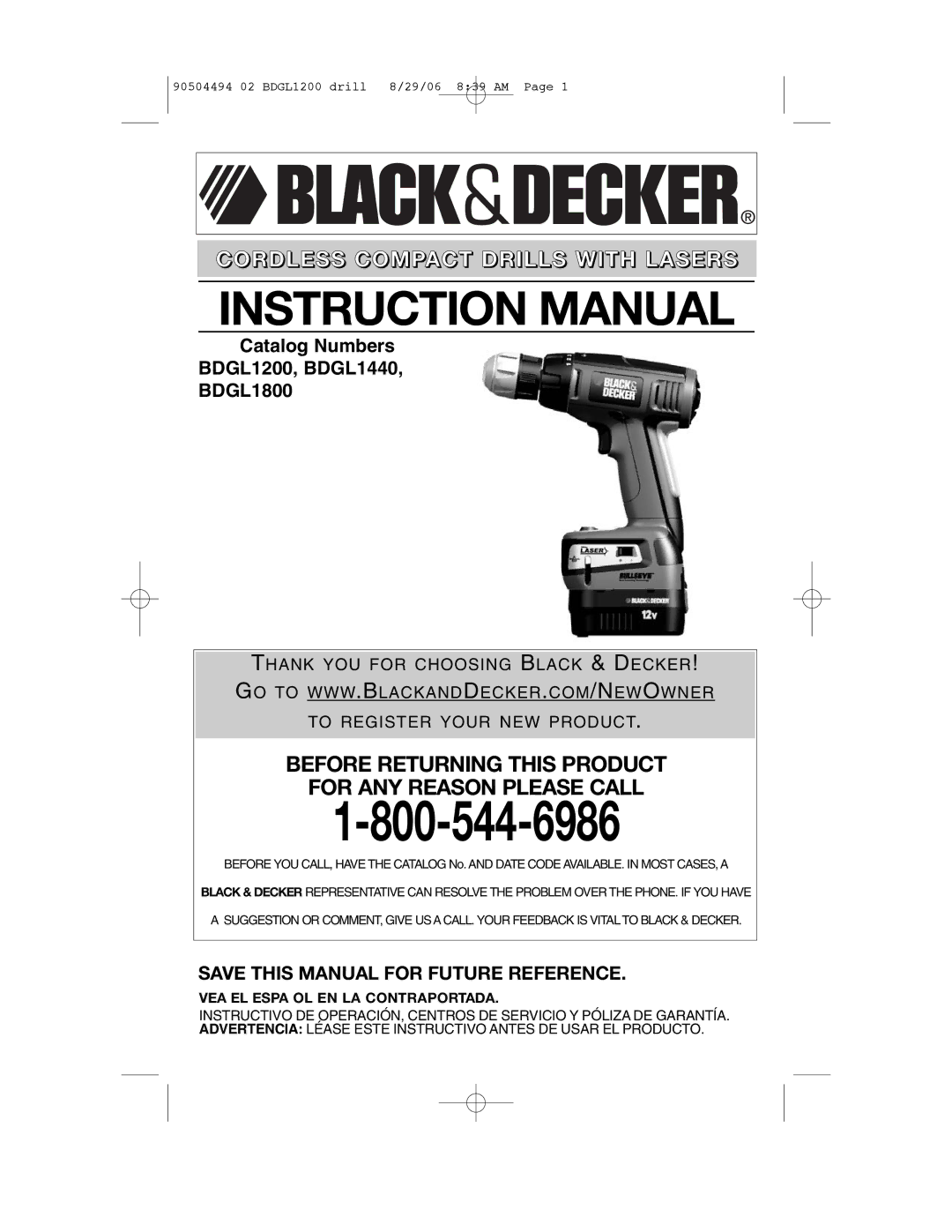 Black & Decker BDGL1440 instruction manual Save this Manual for Future Reference, VEA EL Espa OL EN LA Contraportada 