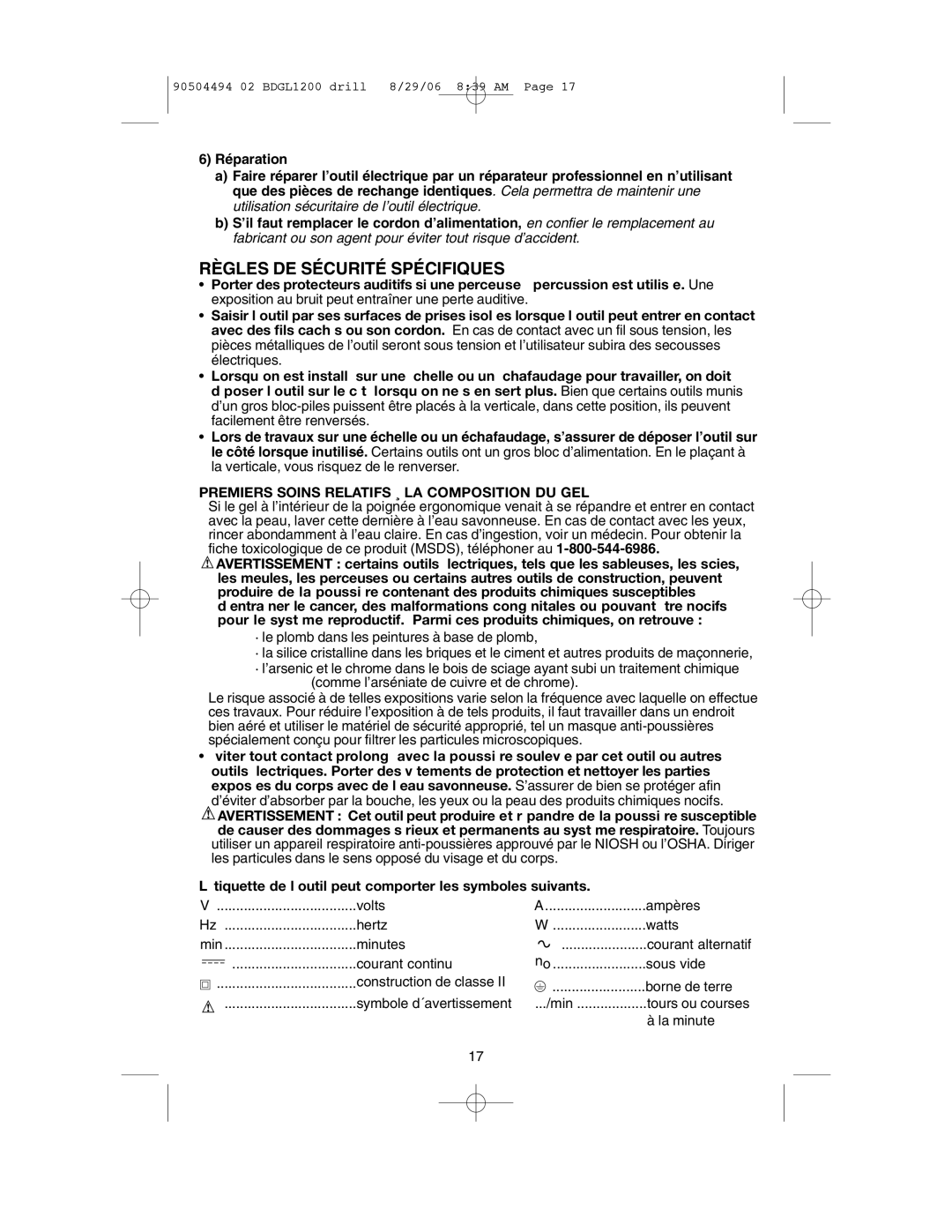 Black & Decker BDGL1440, BDGL1800, BDGL1200 Règles DE Sécurité Spécifiques, Premiers Soins Relatifs ¸ LA Composition DU GEL 