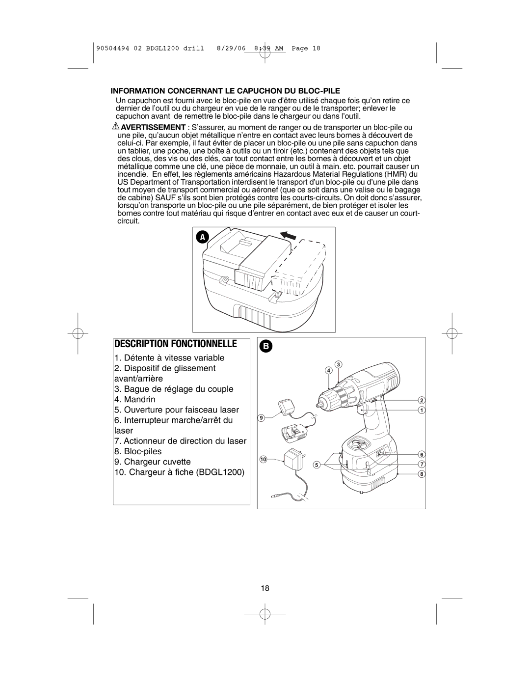 Black & Decker BDGL1200, BDGL1800, BDGL1440 Description Fonctionnelle, Information Concernant LE Capuchon DU BLOC-PILE 