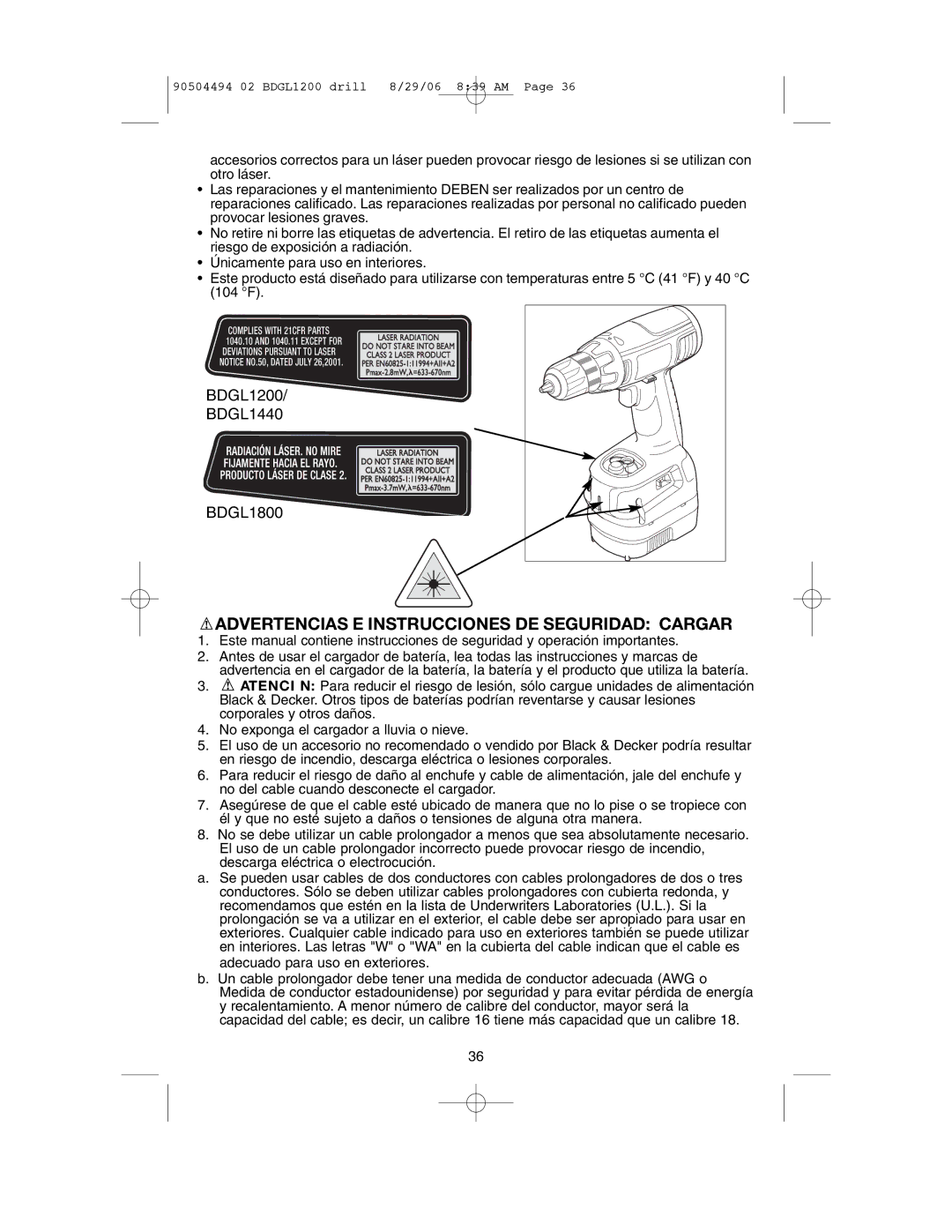 Black & Decker BDGL1800, BDGL1440, BDGL1200, 90504494 instruction manual Advertencias E Instrucciones DE Seguridad Cargar 