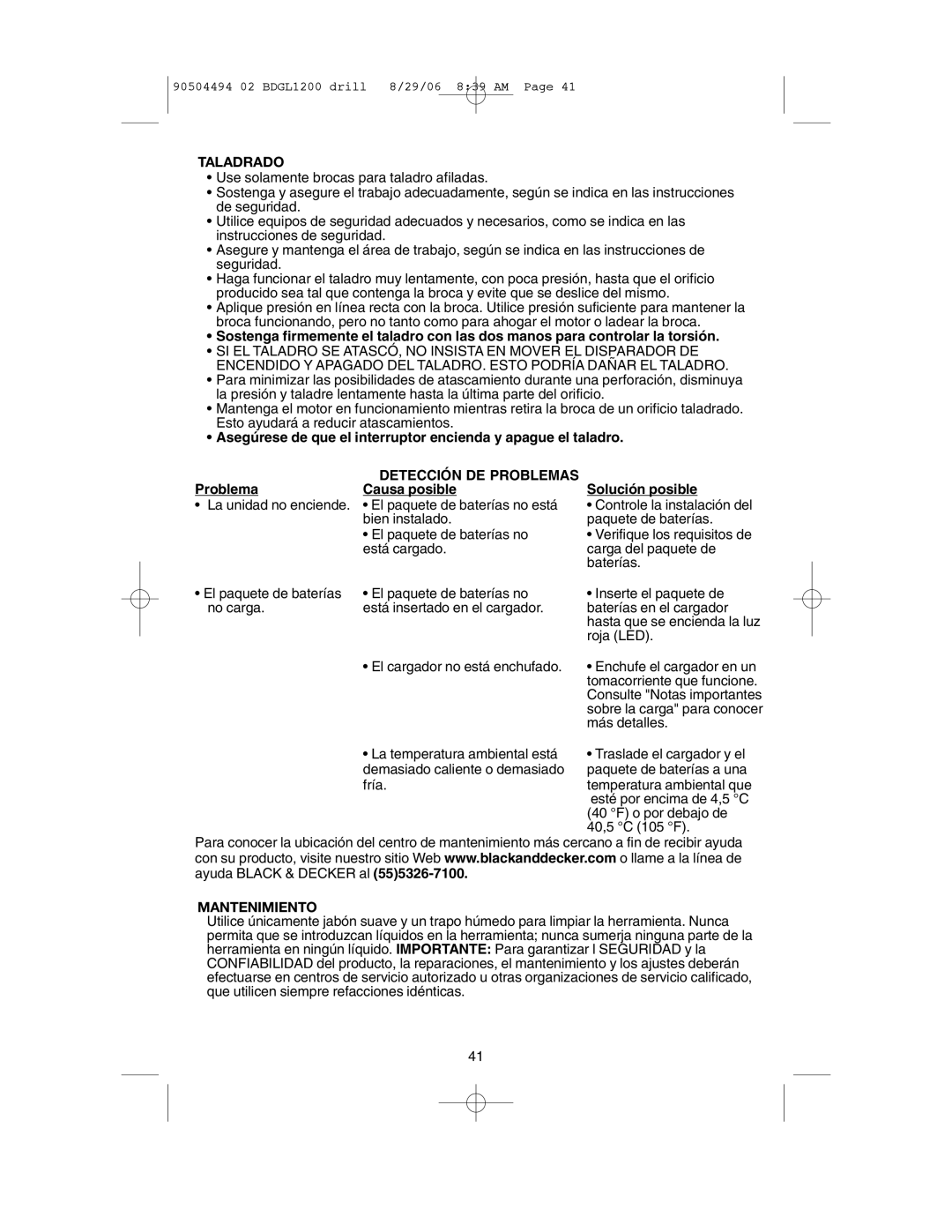 Black & Decker BDGL1440, BDGL1800, BDGL1200, 90504494 instruction manual Taladrado, Detección DE Problemas, Mantenimiento 