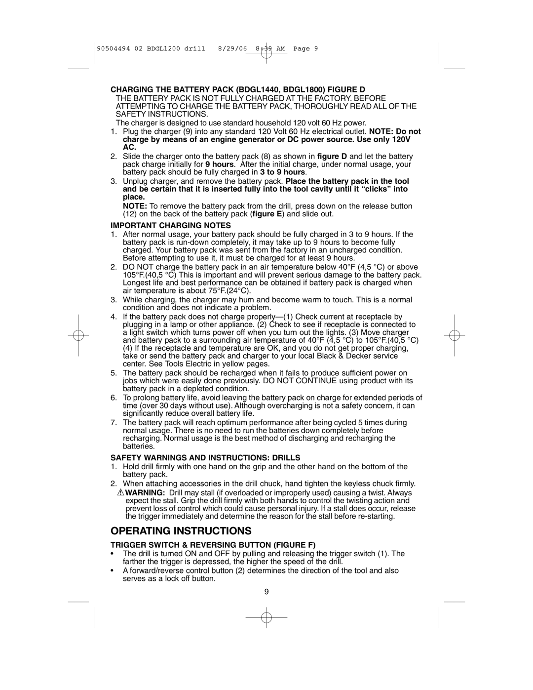 Black & Decker Operating Instructions, Charging the Battery Pack BDGL1440, BDGL1800 Figure D, Important Charging Notes 