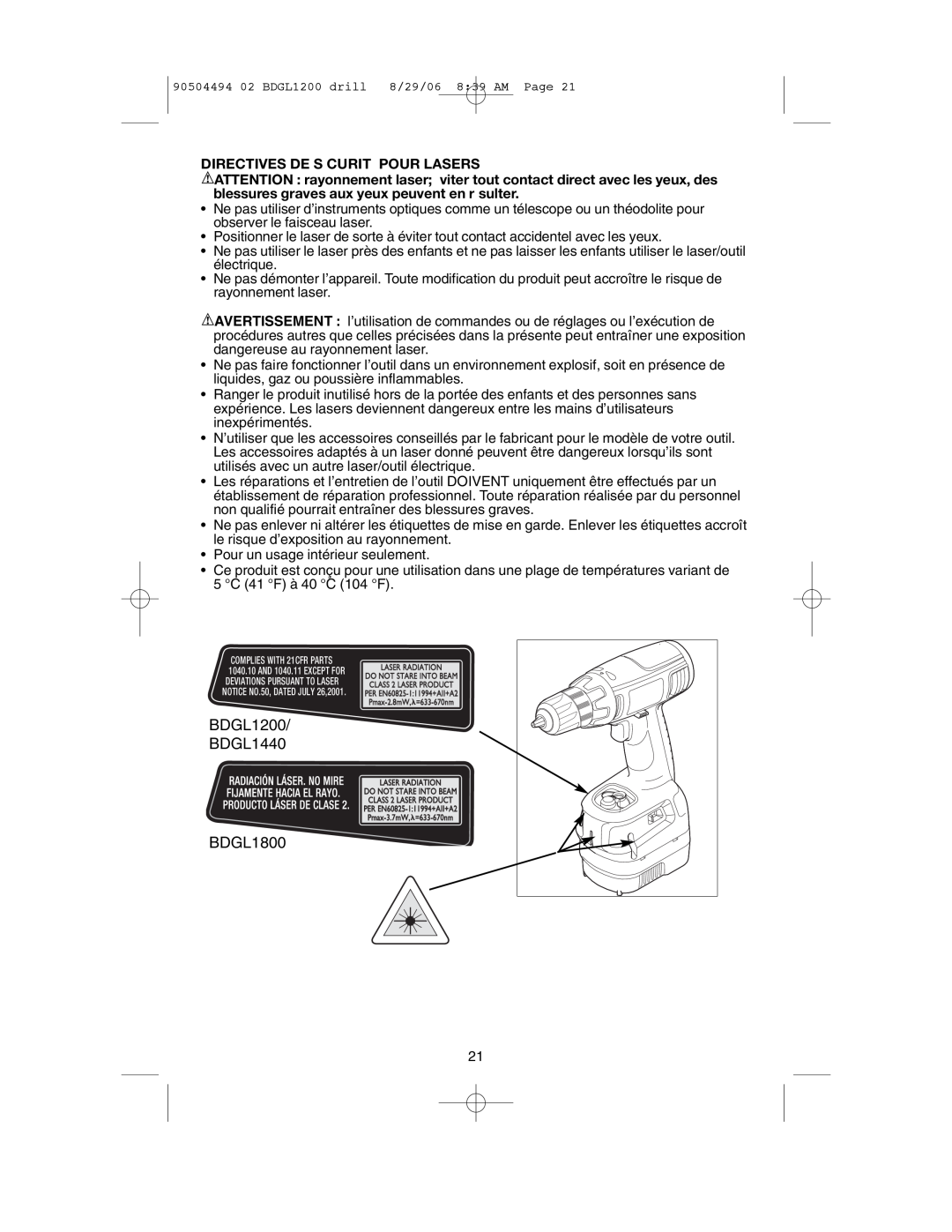 Black & Decker 90504494 instruction manual Directives De S Curit Pour Lasers, BDGL1200 BDGL1440, BDGL1800 