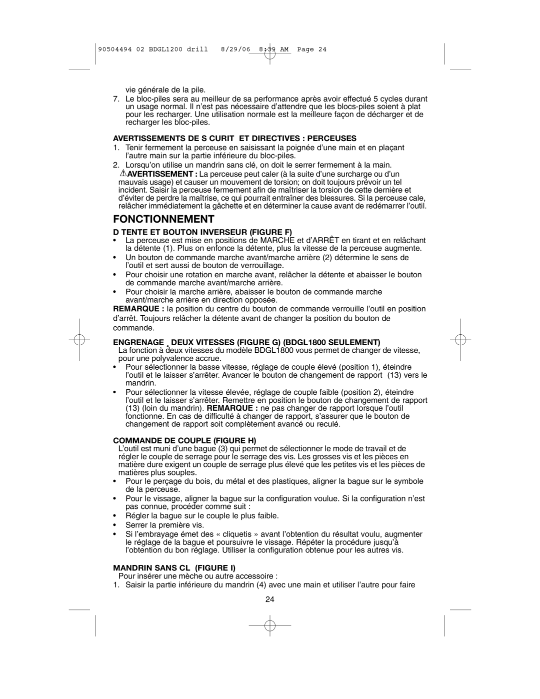 Black & Decker BDGL1800 Fonctionnement, Avertissements De S Curit Et Directives Perceuses, Commande De Couple Figure H 