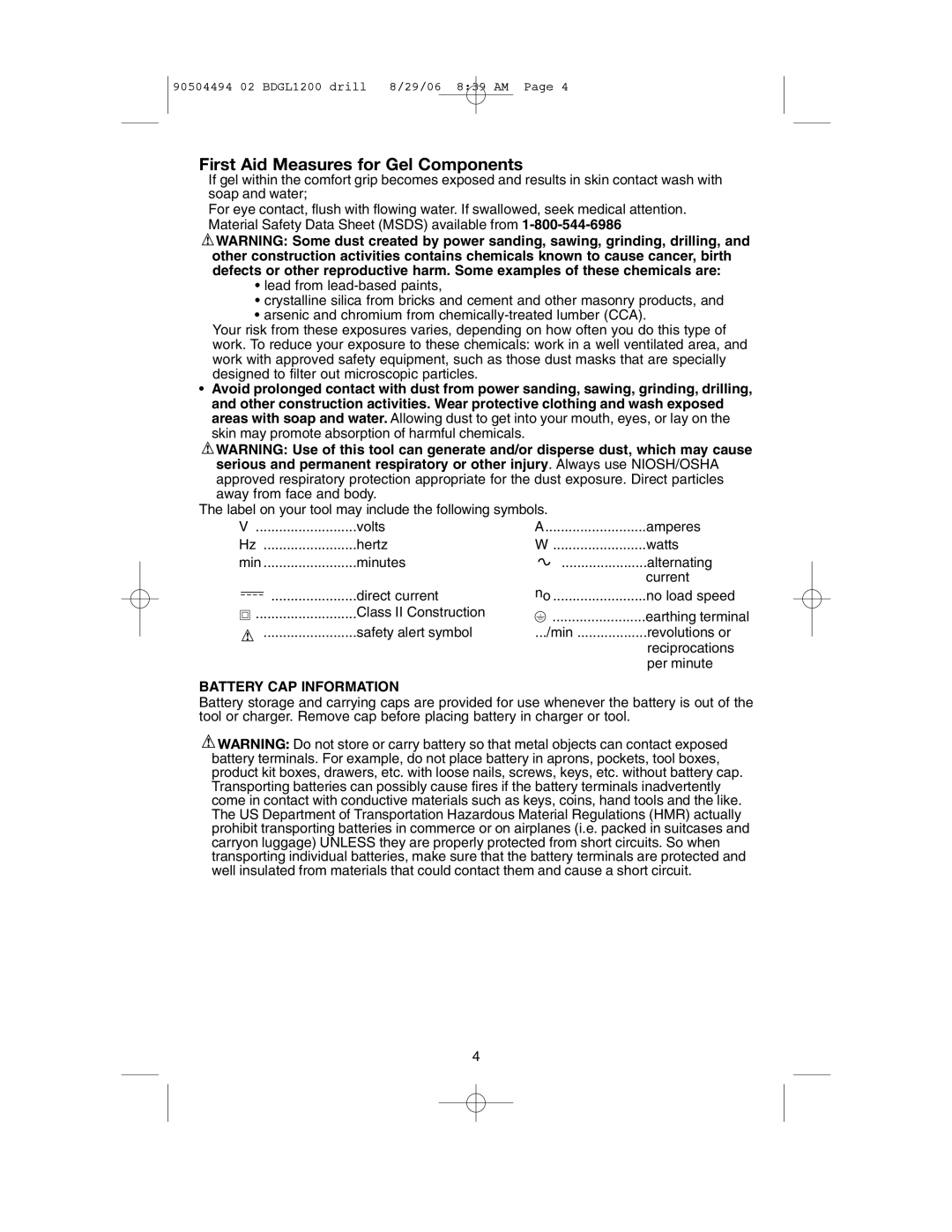 Black & Decker BDGL1800, BDGL1440, BDGL1200, 90504494 instruction manual First Aid Measures for Gel Components 