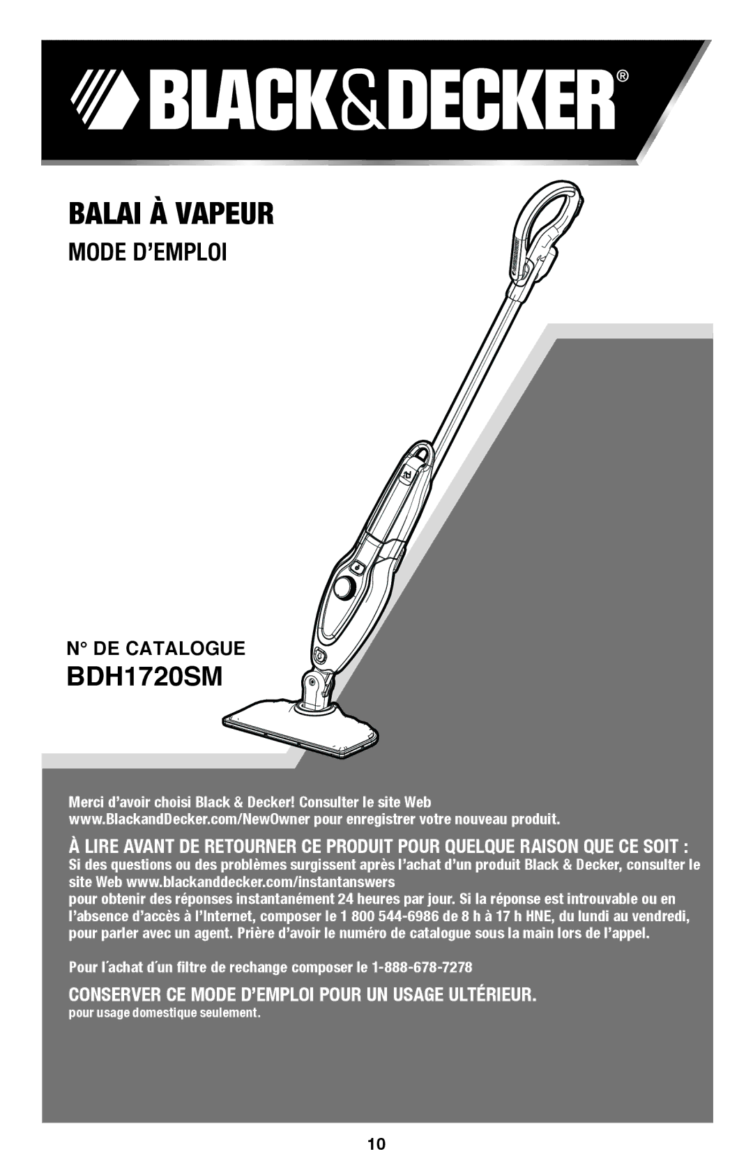 Black & Decker BDH1720SM instruction manual Balai à vapeur 