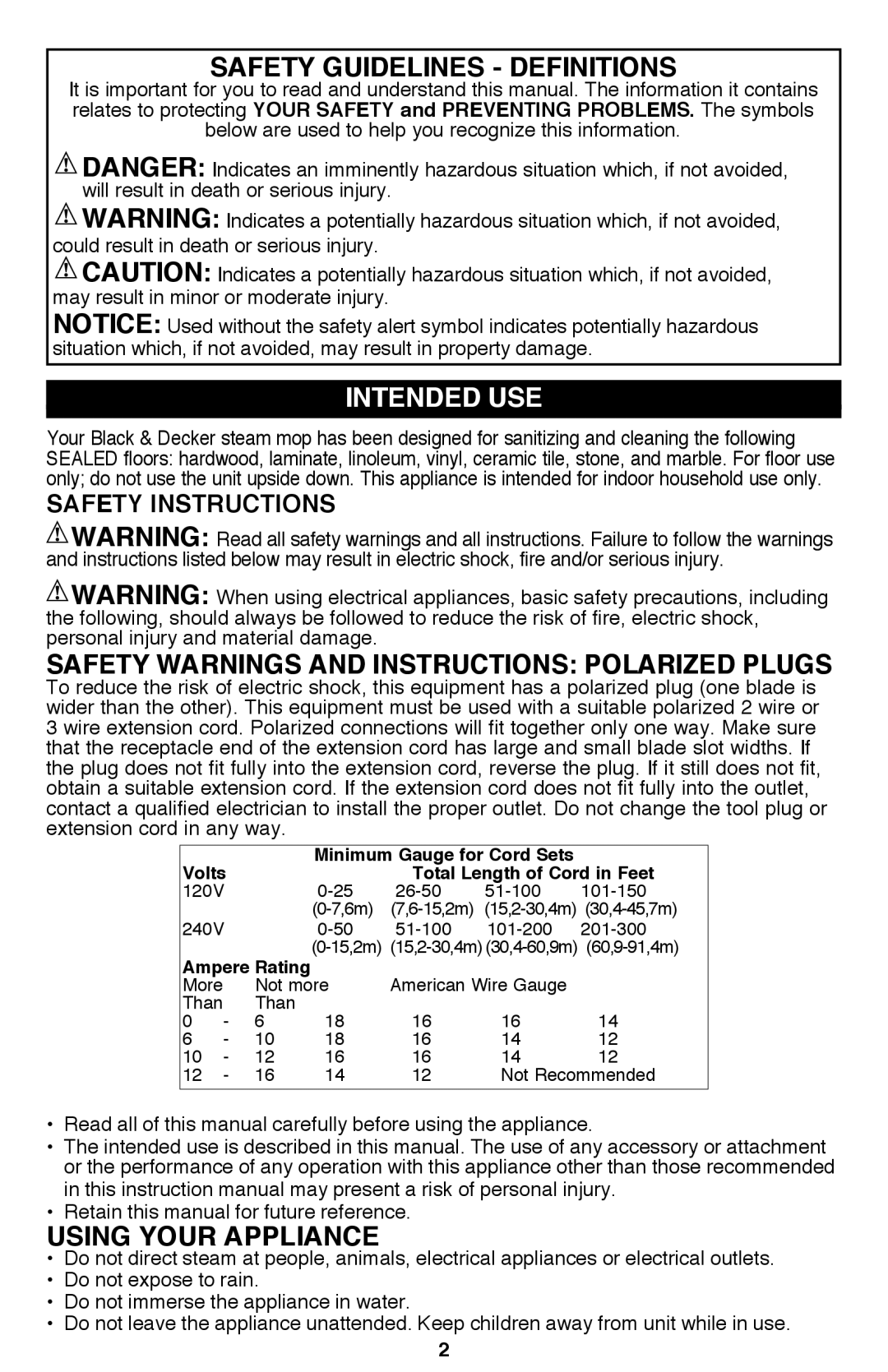 Black & Decker BDH1720SM Safety Guidelines Definitions, Intended use, Safety Warnings and Instructions Polarized Plugs 