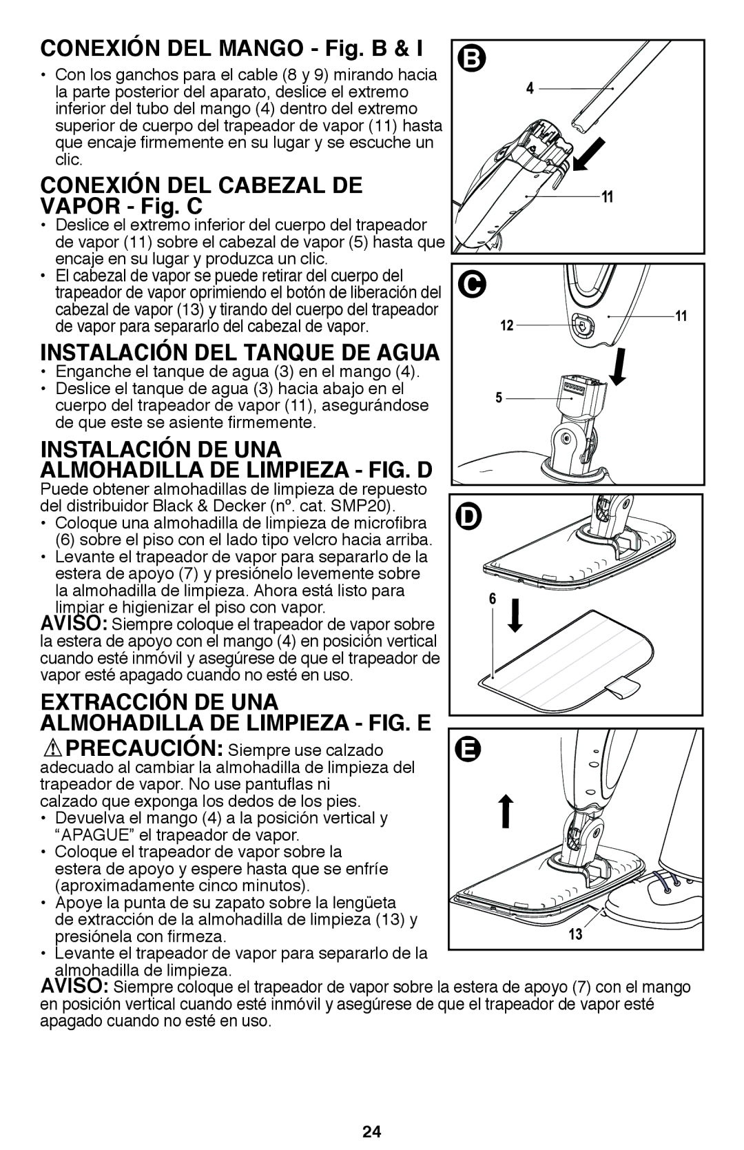 Black & Decker BDH1720SM Conexión del mango Fig. B, Conexión del cabezal de Vapor Fig. C, Instalación DEL Tanque DE Agua 