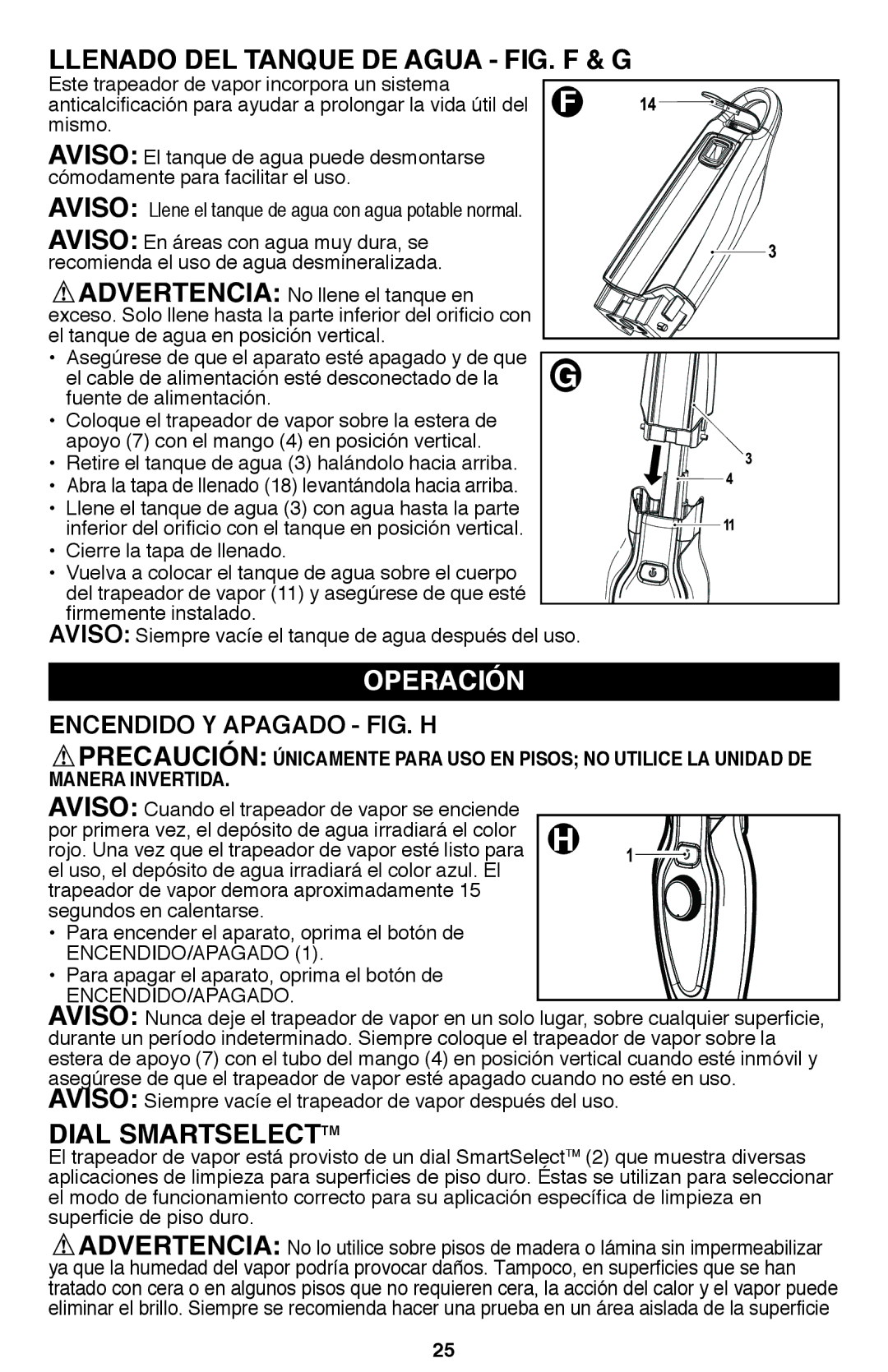 Black & Decker BDH1720SM instruction manual Llenado DEL Tanque DE Agua FIG. F & G, Operación, Dial SmartSelectTM 