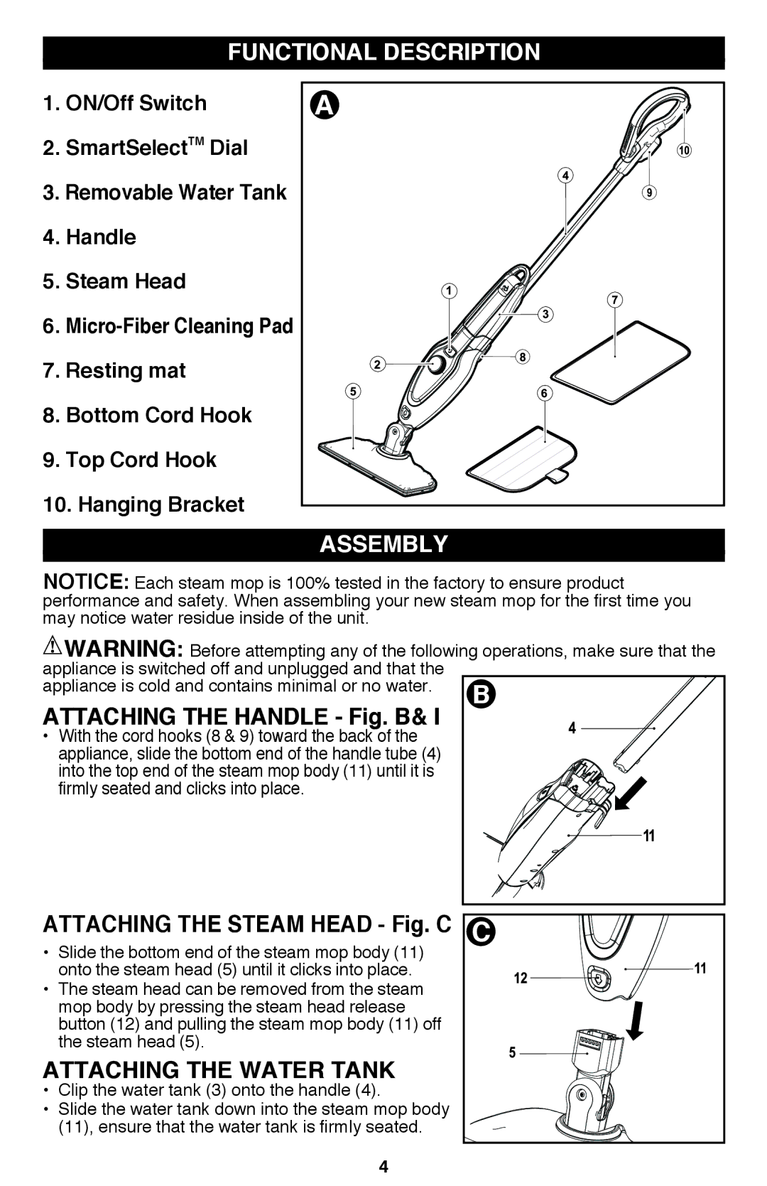 Black & Decker BDH1720SM Functional Description, Assembly, Attaching the handle Fig. B, Attaching the steam head Fig. C C 