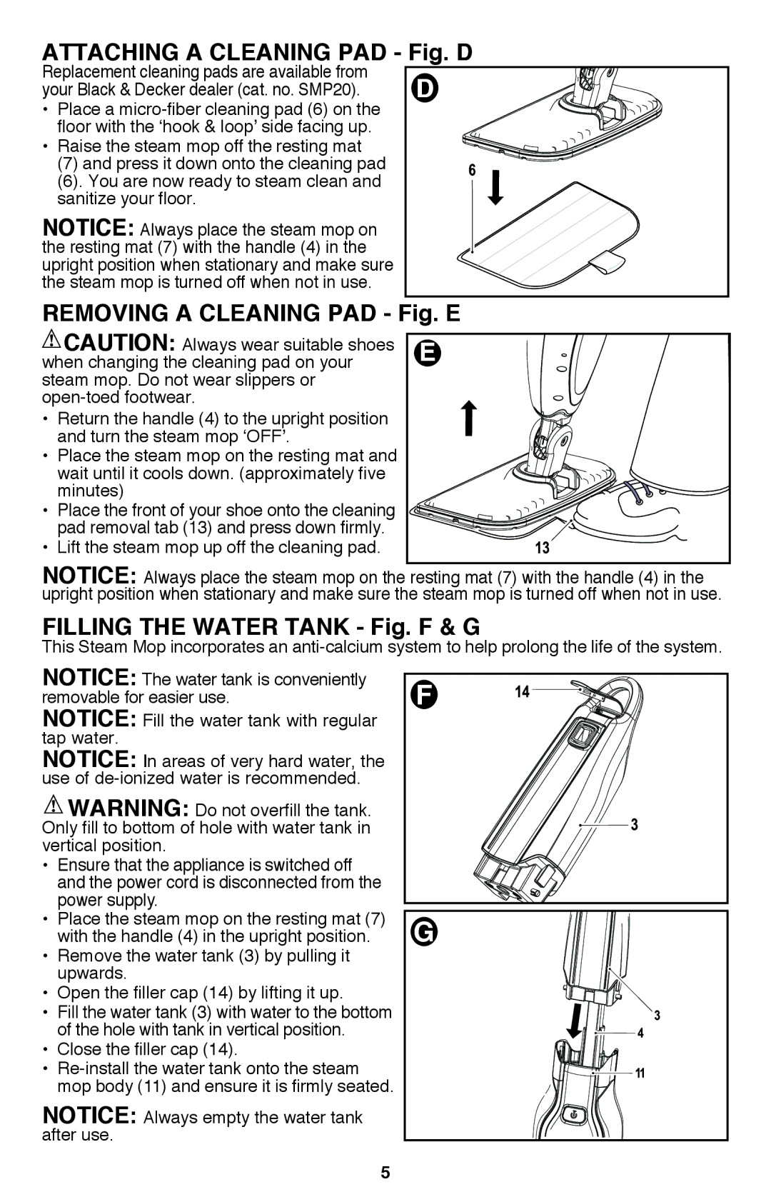 Black & Decker BDH1720SM instruction manual Attaching a cleaning pad Fig. D, Removing a cleaning pad Fig. E 