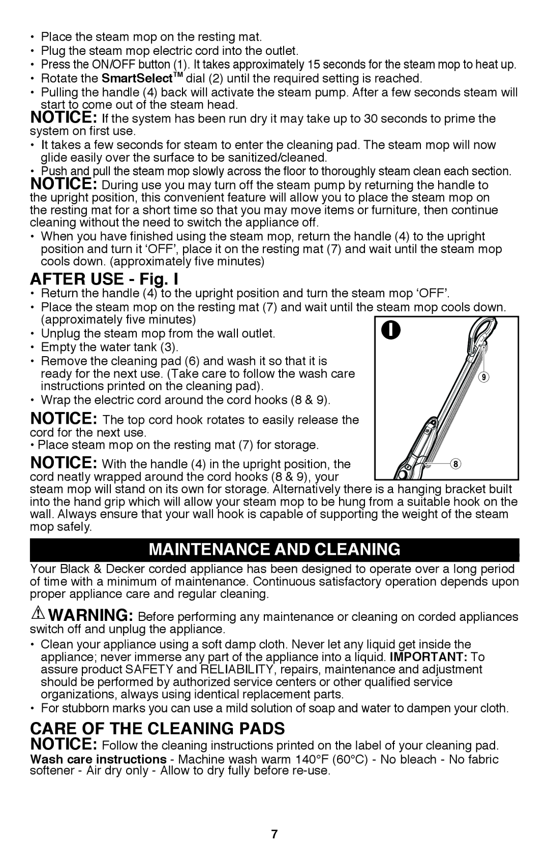 Black & Decker BDH1720SM instruction manual After use Fig, Maintenance and cleaning, Care of the cleaning pads, Mop safely 