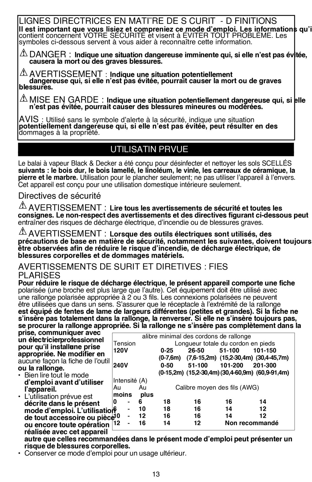 Black & Decker BDH1760SM Utilisation Prévue, Directives de sécurité, Avertissements DE Sécurité ET Directives Fiches 