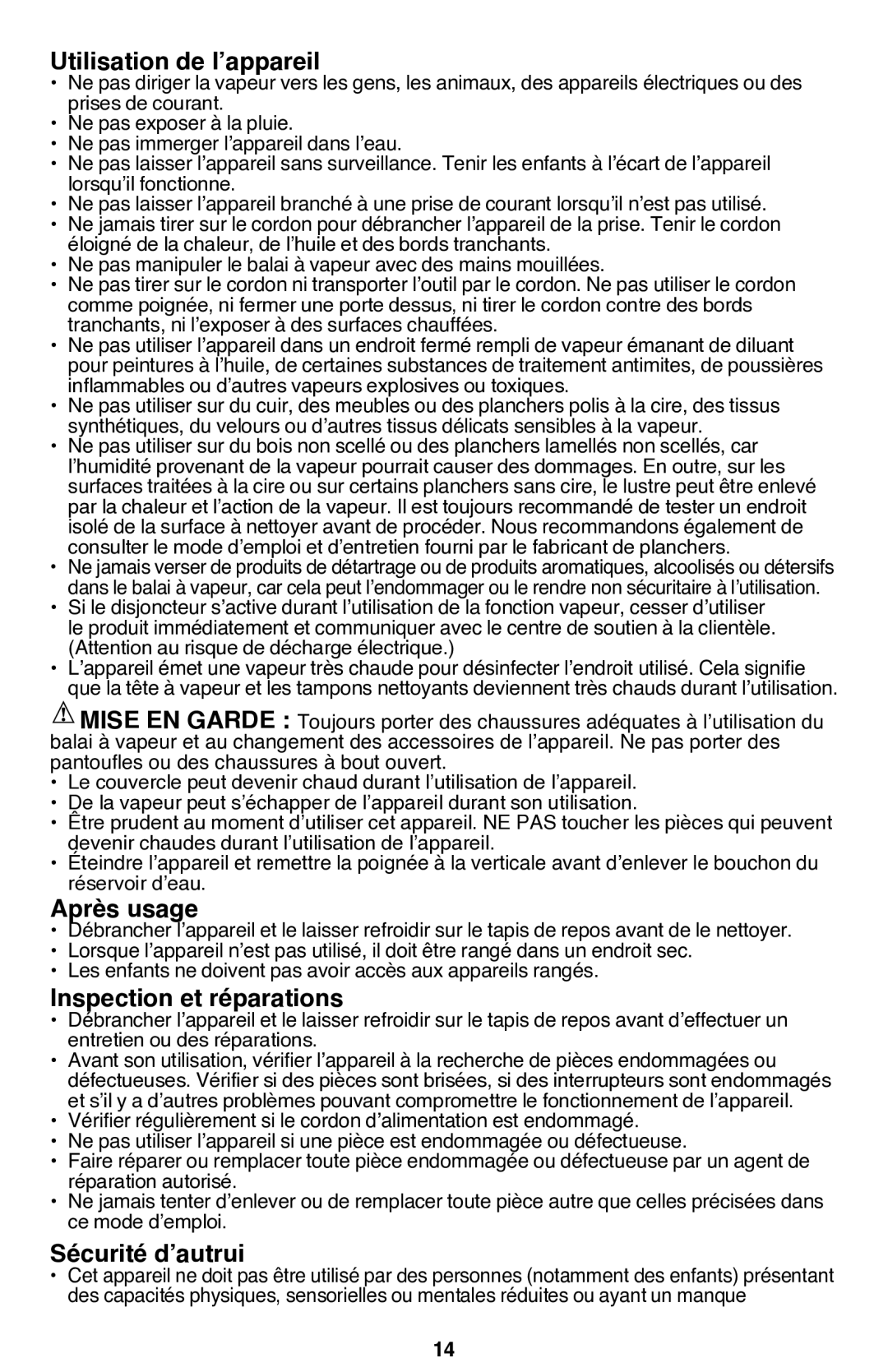 Black & Decker BDH1760SM Utilisation de l’appareil, Après usage, Inspection et réparations, Sécurité d’autrui 