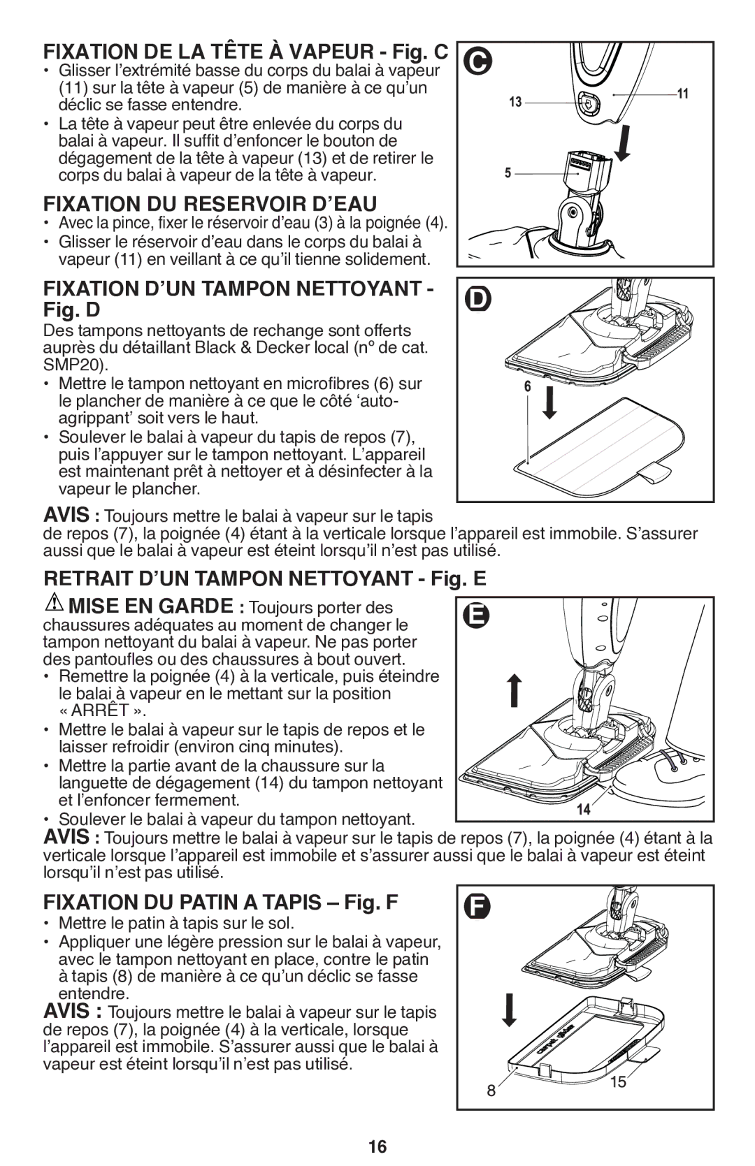 Black & Decker BDH1760SM Fixation de la tête à vapeur Fig. C, Fixation DU Reservoir D’EAU, Fixation D’UN Tampon Nettoyant 