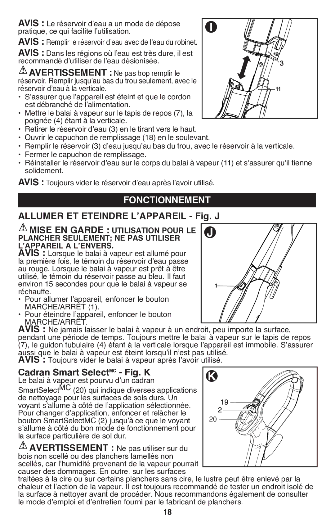 Black & Decker BDH1760SM Fonctionnement, Allumer ET Eteindre L’APPAREIL Fig. J, Cadran Smart SelectMC Fig. K 