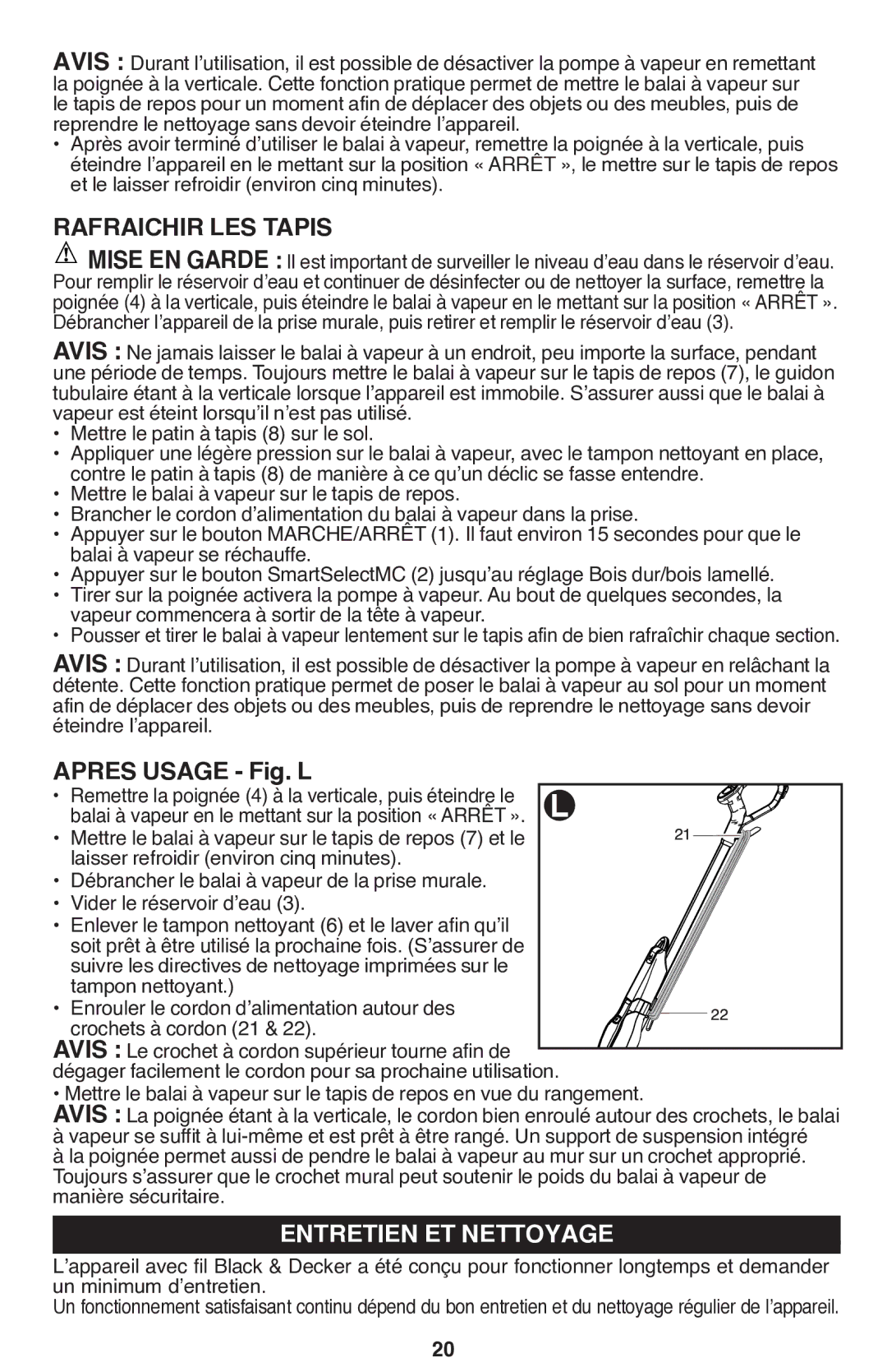 Black & Decker BDH1760SM instruction manual Rafraichir LES Tapis, Apres Usage Fig. L, Entretien ET Nettoyage 