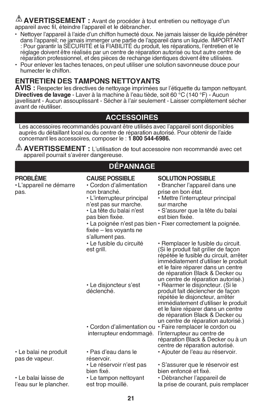 Black & Decker BDH1760SM instruction manual Entretien DES Tampons Nettoyants, Accessoires, Dépannage, Problème 