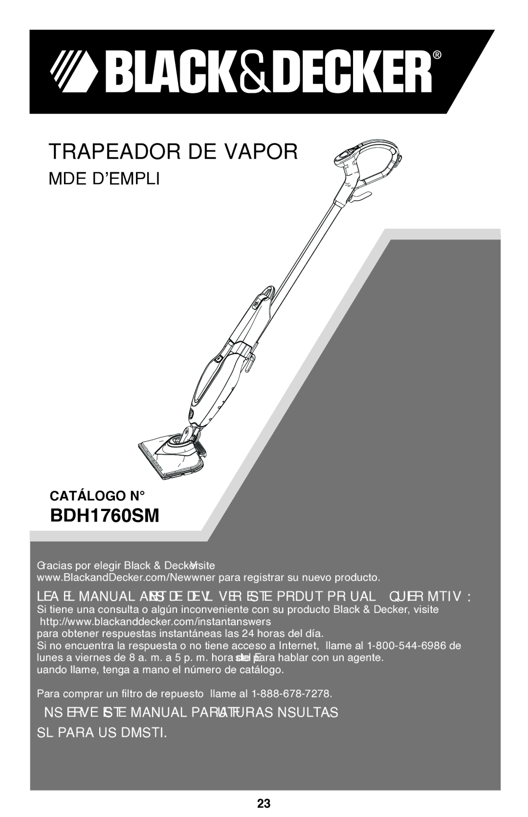 Black & Decker BDH1760SM instruction manual Trapeador de vapor 