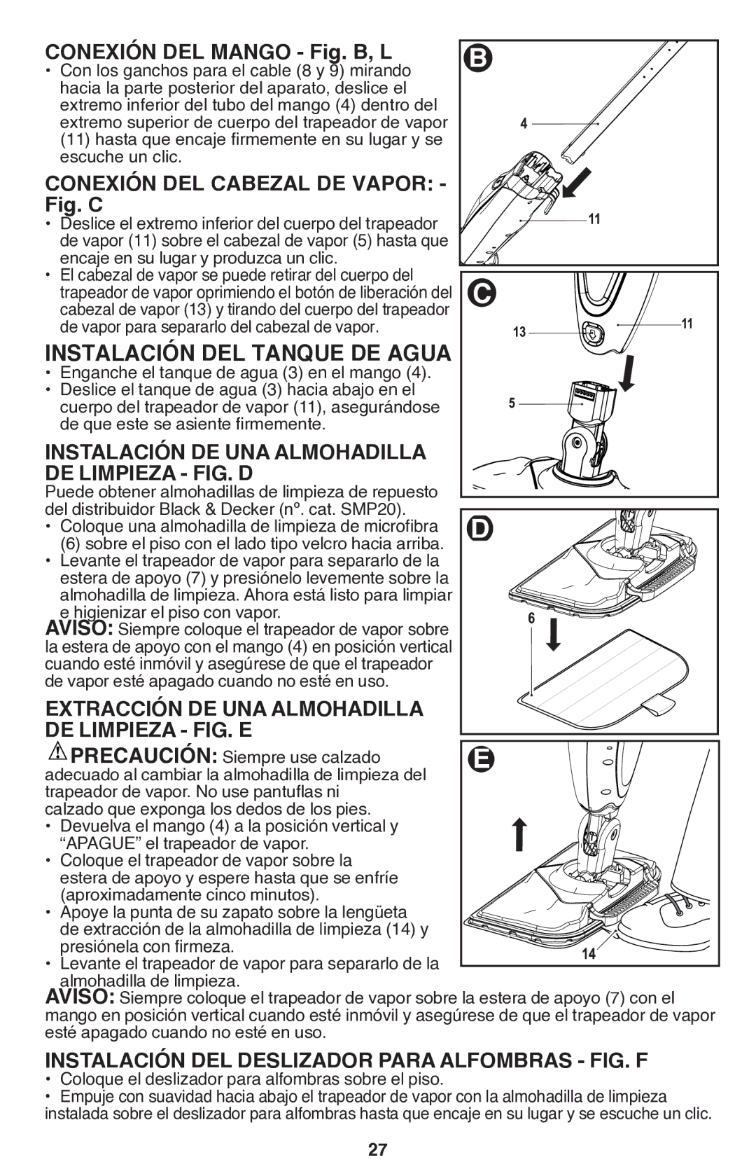 Black & Decker BDH1760SM Instalación DEL Tanque DE Agua, Instalación DE UNA Almohadilla DE Limpieza FIG. D 