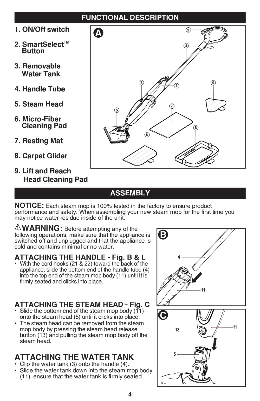 Black & Decker BDH1760SM Attaching the water tank, Functional Description, Assembly, Attaching the handle Fig. B & L 