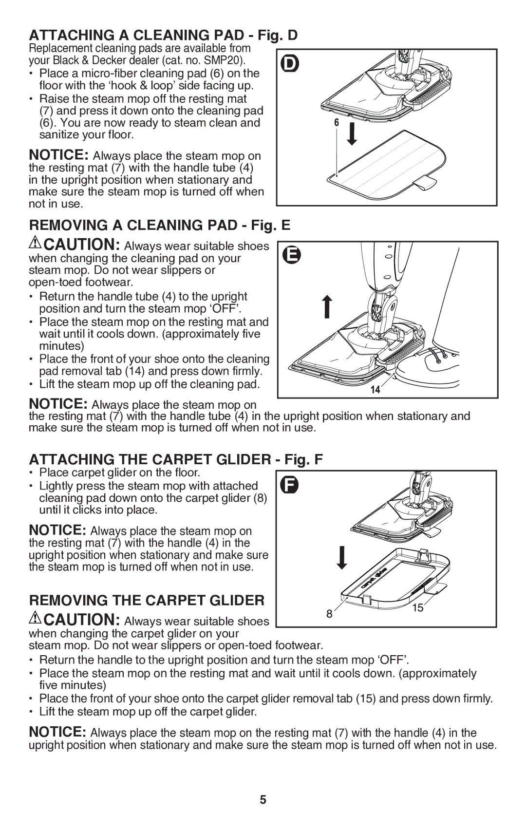 Black & Decker BDH1760SM Attaching a cleaning pad Fig. D, Removing a cleaning pad Fig. E, Removing the carpet glider 