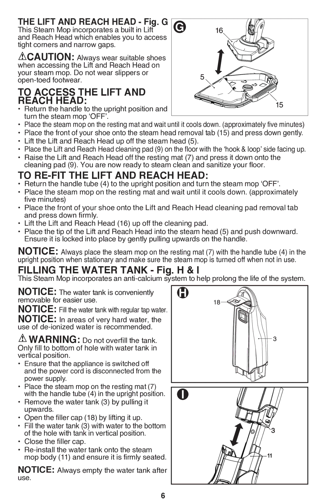 Black & Decker BDH1760SM To access the Lift Reach Head, To re-fit the Lift and Reach Head, Filling the water tank Fig. H 