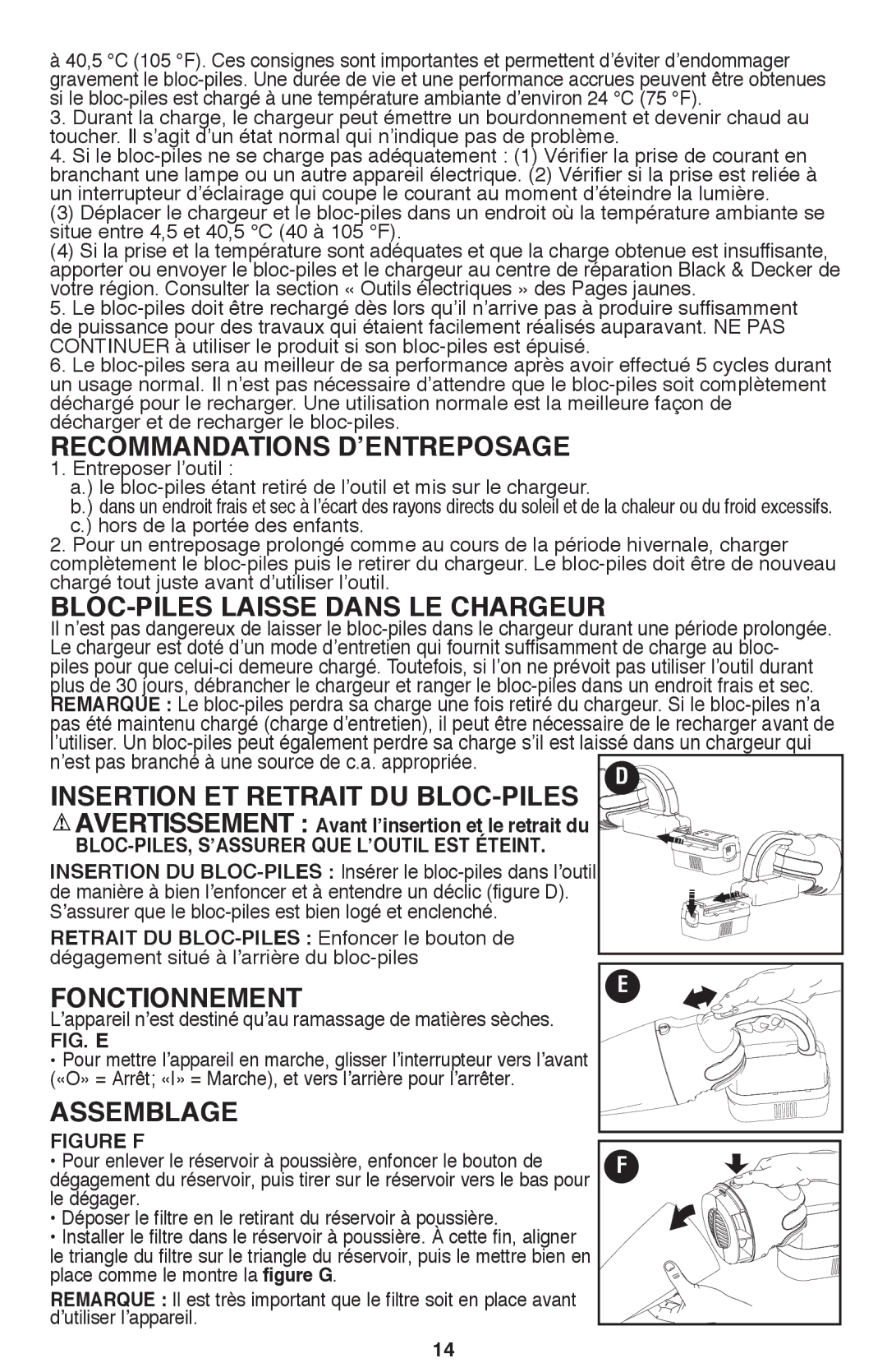 Black & Decker BDH1800S Recommandations DʼENTREPOSAGE, BLOC-PILES Laisse Dans LE Chargeur, Fonctionnement, Assemblage 