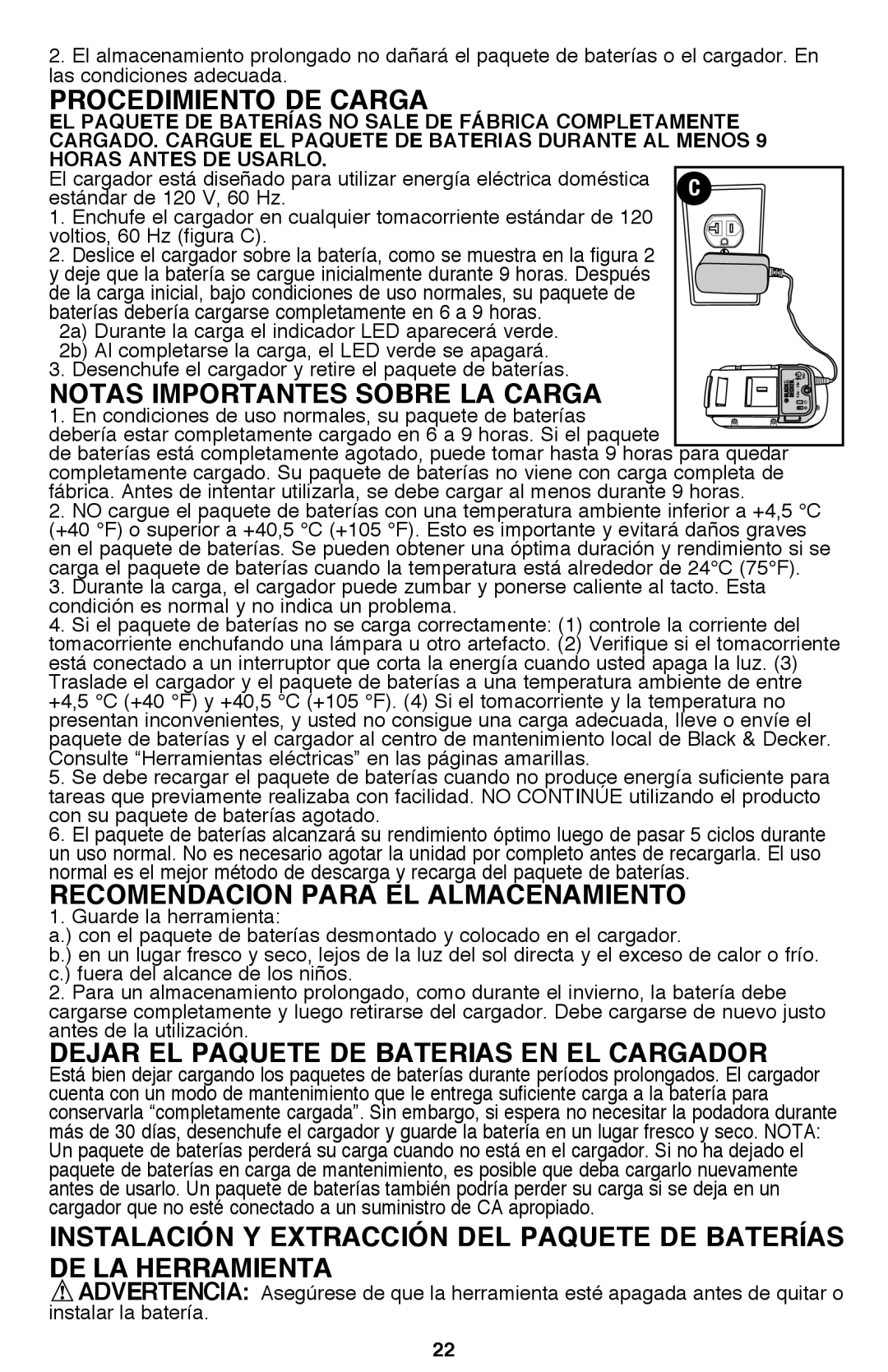 Black & Decker BDH1800S Procedimiento DE Carga, Notas Importantes Sobre LA Carga, Recomendacion Para EL Almacenamiento 