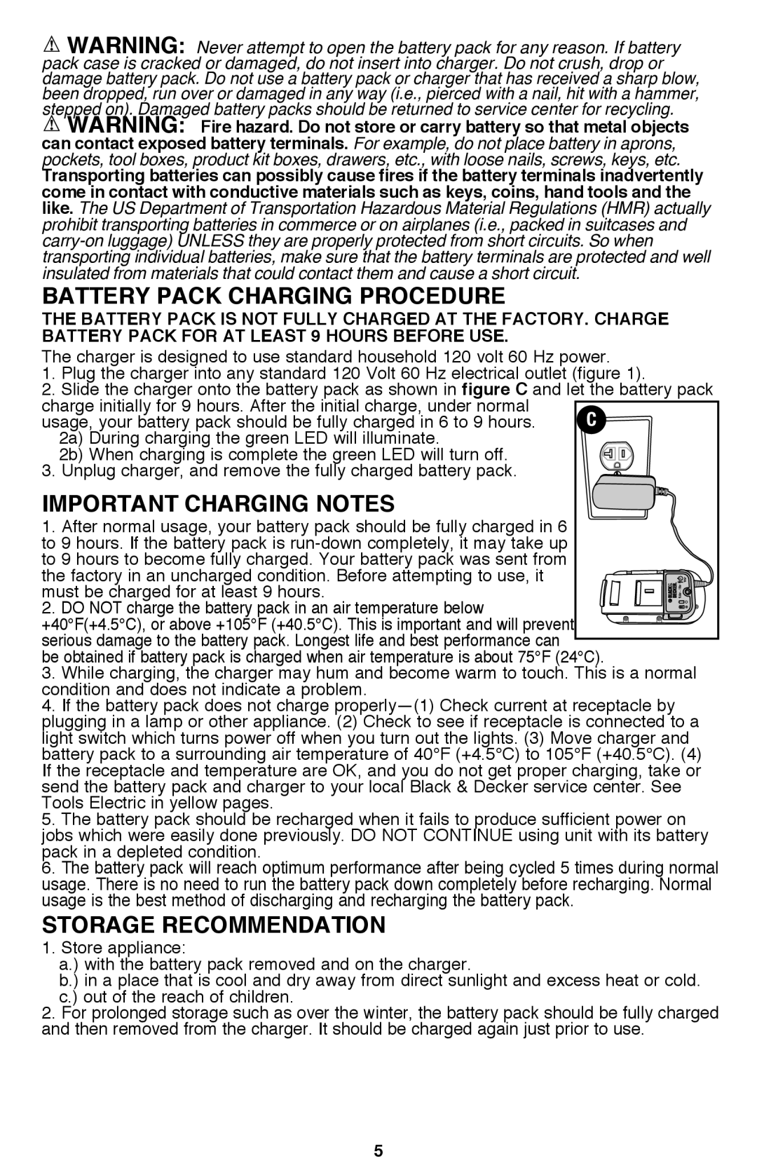 Black & Decker BDH1800S Battery Pack Charging Procedure, Important Charging Notes, Storage Recommendation 