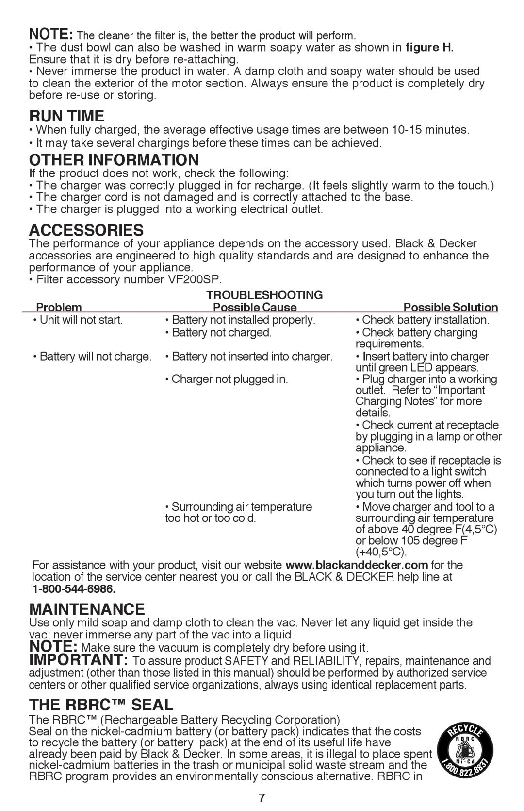 Black & Decker BDH1800S instruction manual RUN Time, Other Information, Accessories, Maintenance, Rbrc Seal 