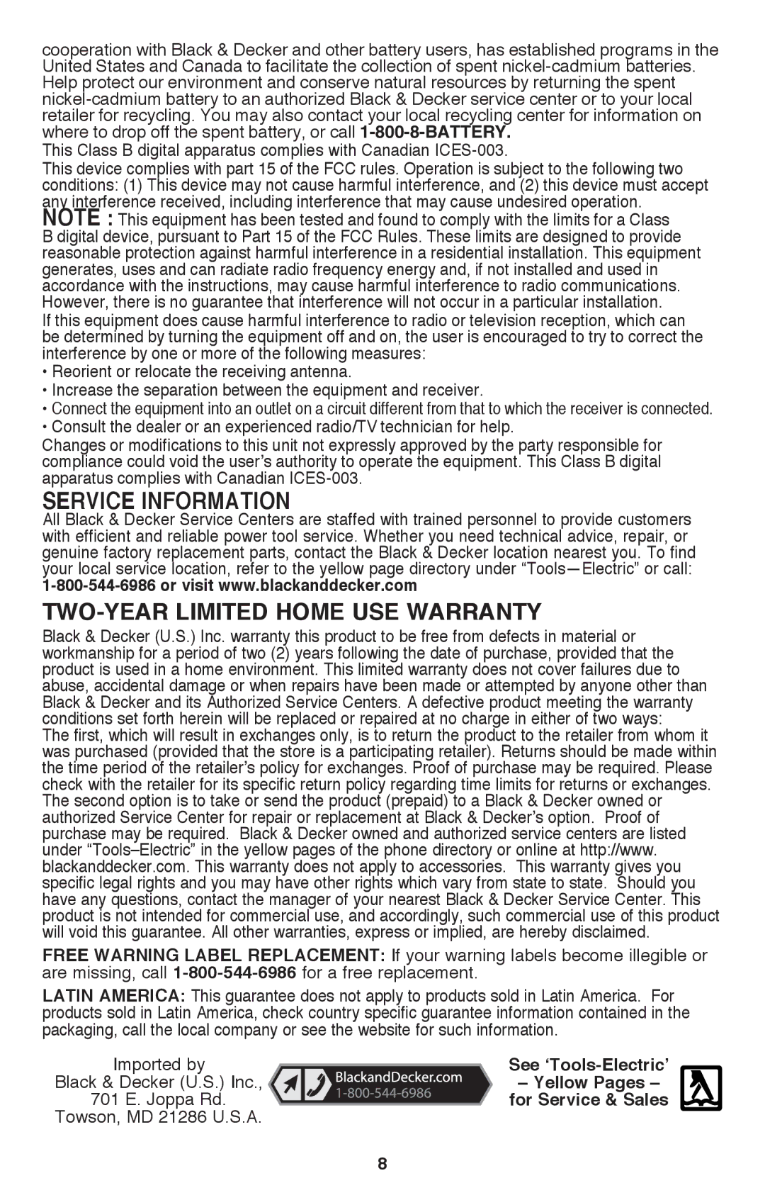 Black & Decker BDH1800S instruction manual Service Information, Two-YEAR Limited Home USE Warranty 