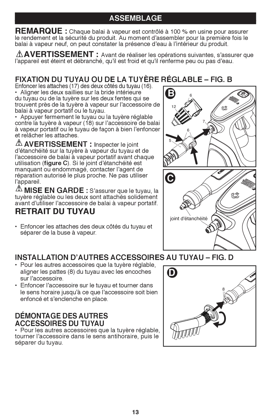 Black & Decker BDH1800SM instruction manual Retrait DU Tuyau, Assemblage 