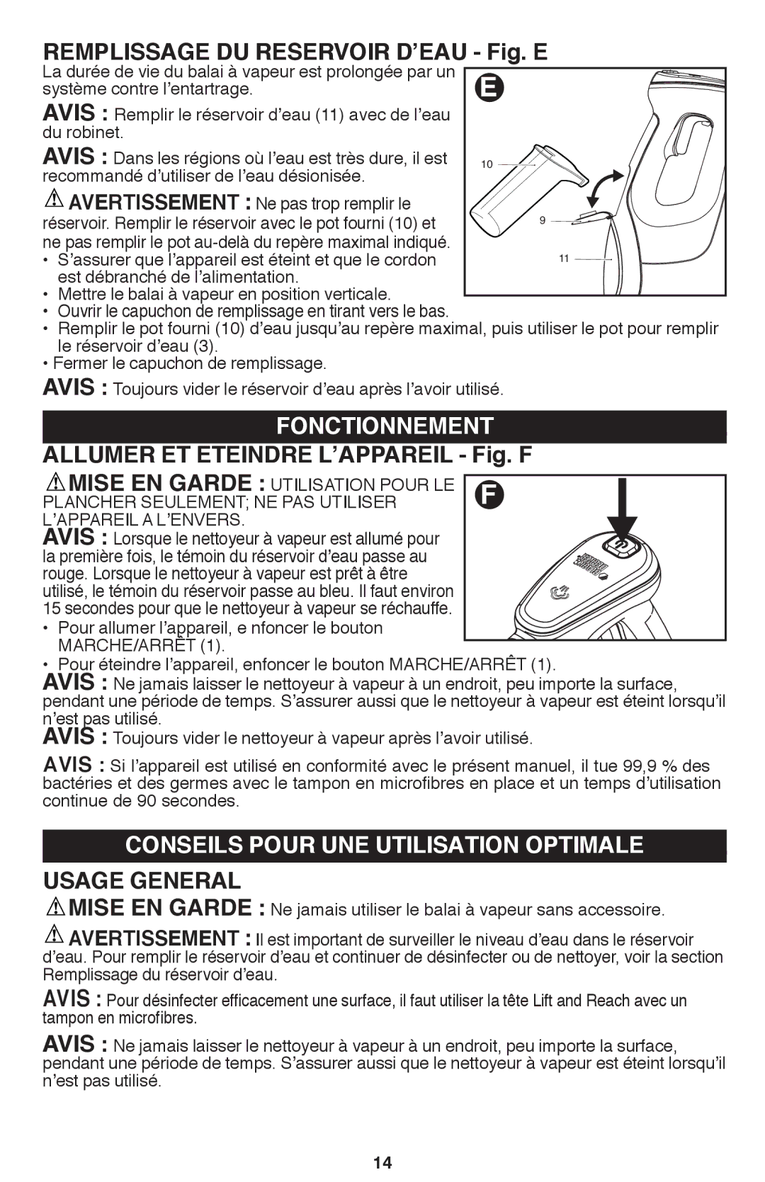 Black & Decker BDH1800SM Remplissage DU Reservoir D’EAU Fig. E, Fonctionnement, Allumer ET Eteindre L’APPAREIL Fig. F 