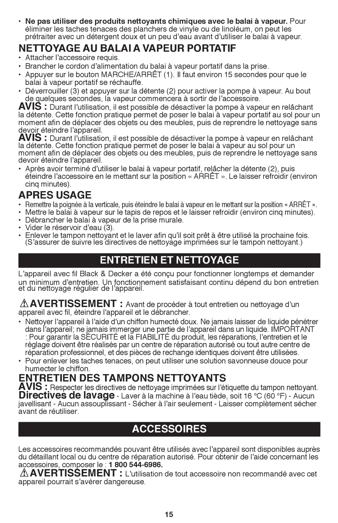 Black & Decker BDH1800SM instruction manual Nettoyage AU Balai a Vapeur Portatif, Apres Usage, Entretien ET Nettoyage 