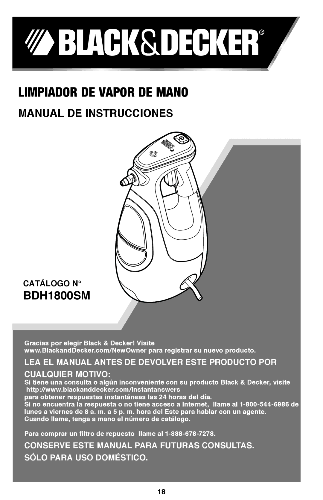 Black & Decker BDH1800SM instruction manual Limpiador de vapor de mano 