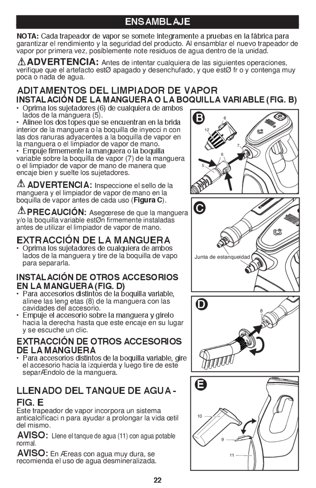 Black & Decker BDH1800SM instruction manual Ensamblaje, Aditamentos DEL Limpiador DE Vapor, Extracción DE LA Manguera 