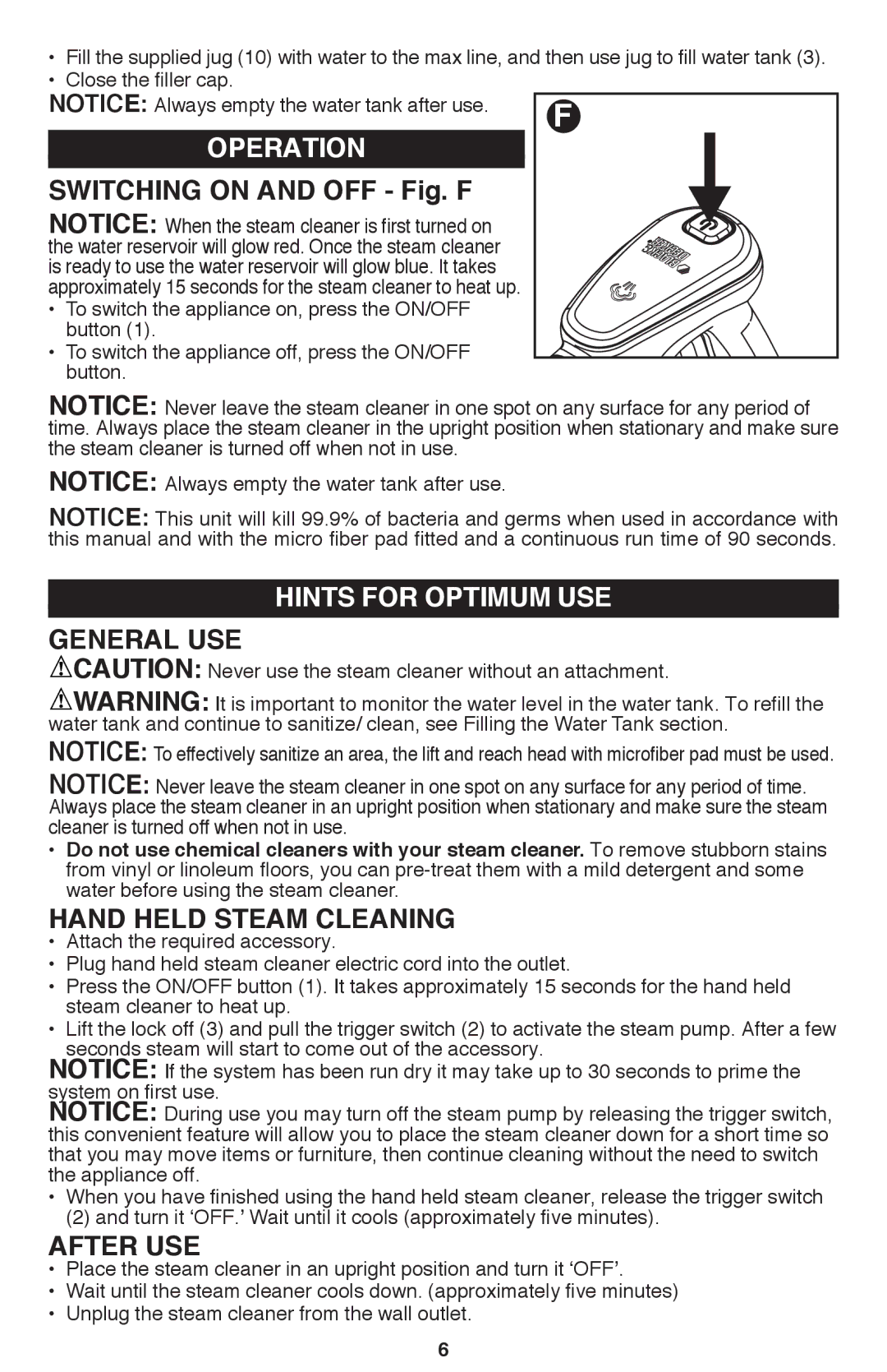 Black & Decker BDH1800SM instruction manual Operation, Switching On and Off Fig. F, Hints for optimum use, General USE 