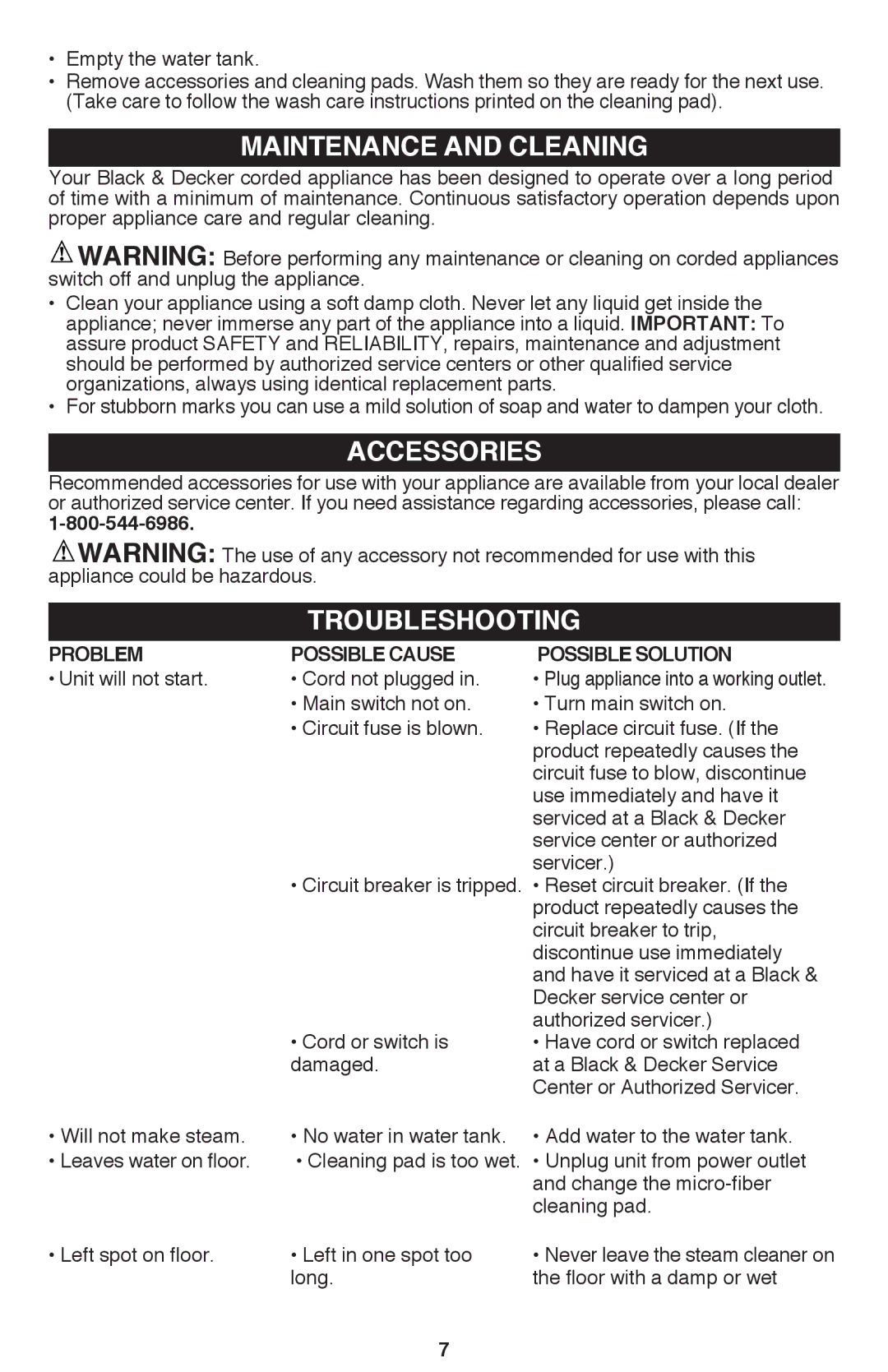 Black & Decker BDH1800SM instruction manual Maintenance and cleaning, Accessories, Troubleshooting 